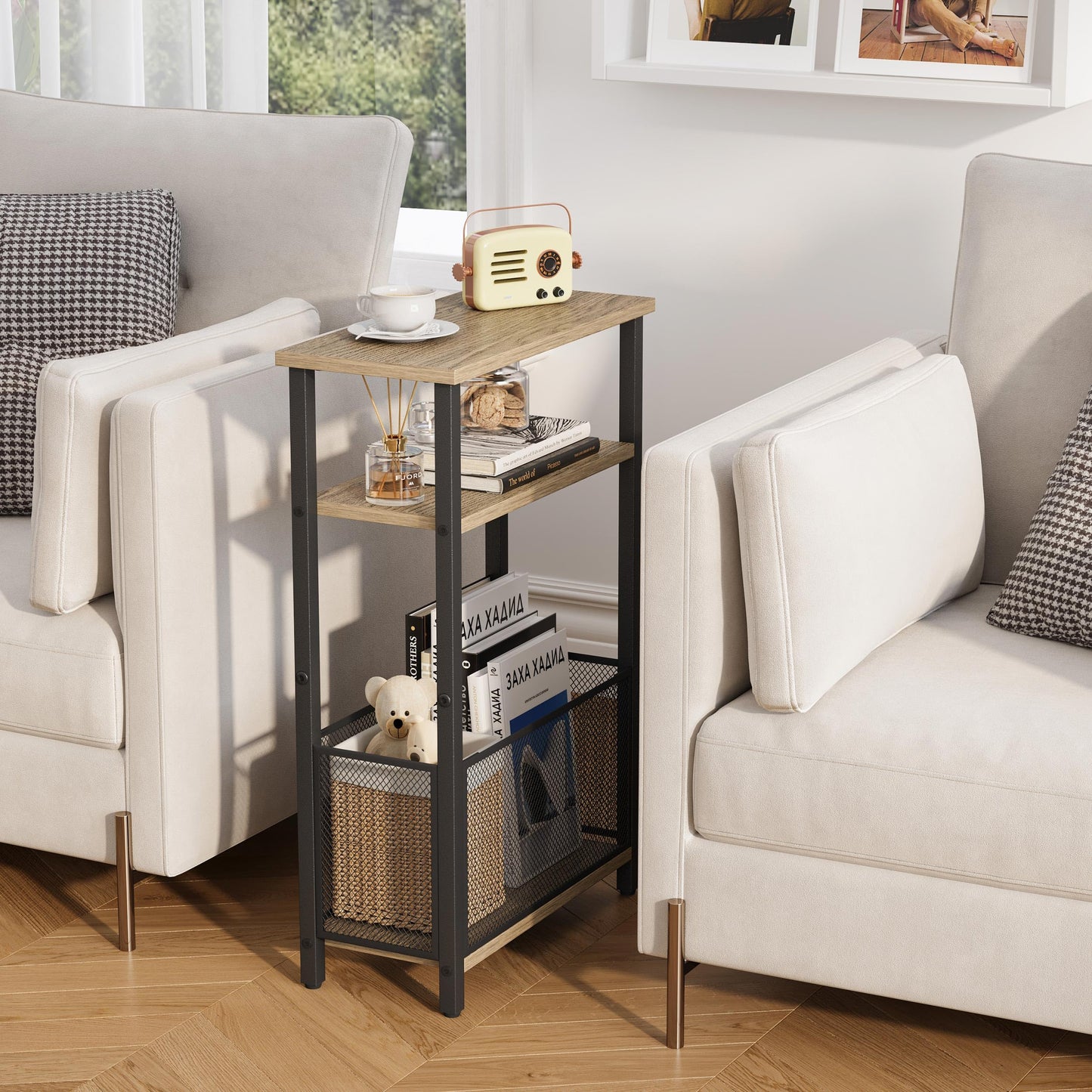 MMEOLUOOK Narrow Side Table with Storage Basket Skinny End Tables for Smalls Spaces 3 Tier Sofa Table Small Nightstand Slim Bedside Table for Living Room Bedroom Greige MLBZ22GR