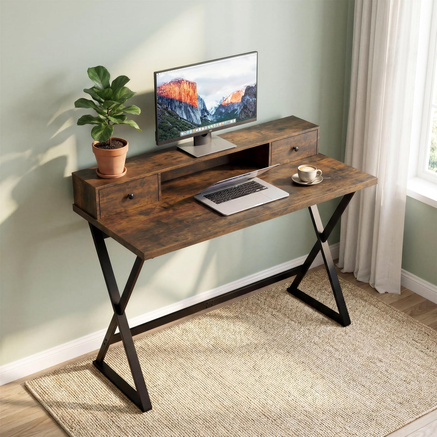 Manora Computer Desk with Drawers and Monitor Stand, 47" Home Office Desk with Storage Shelf, Rustic Brown Writing Study Table with Metal Frame for Bedroom, Workstation for Laptop PC