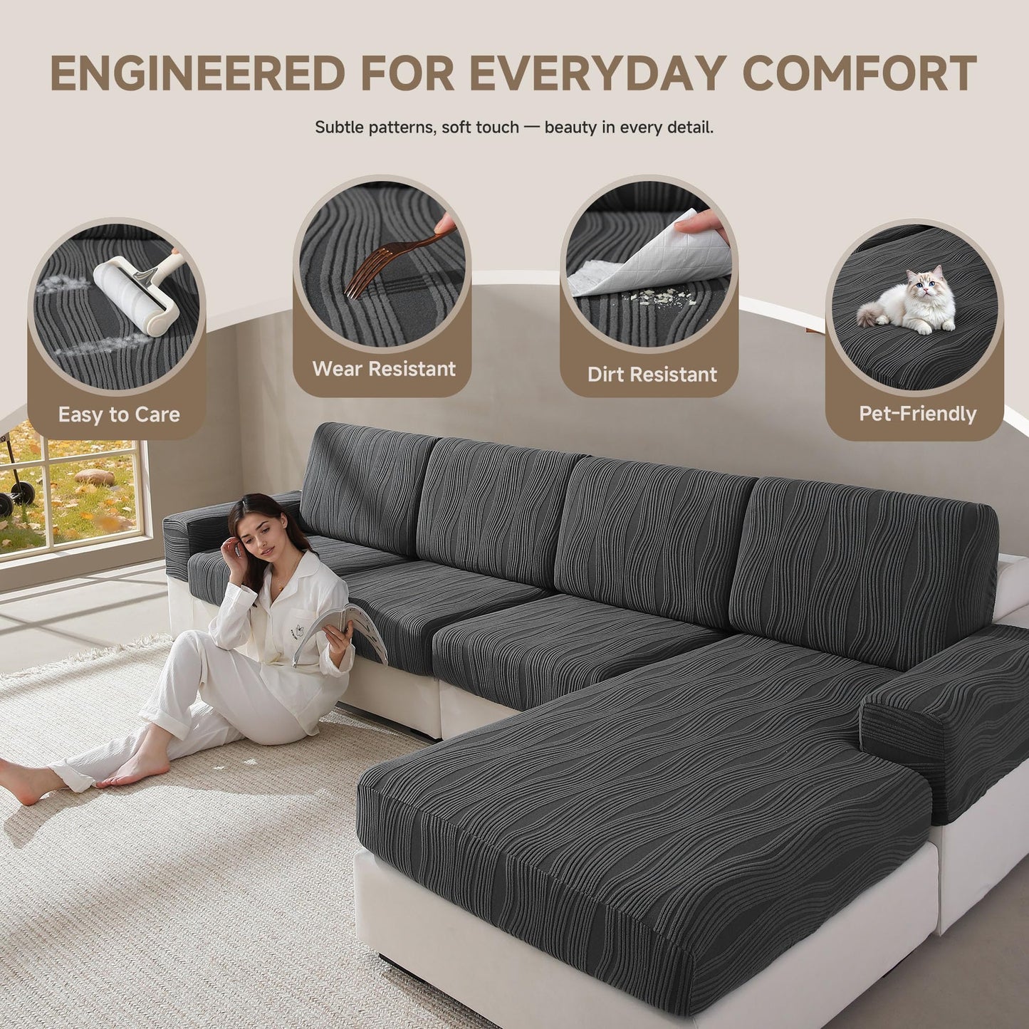 QIANMEW Couch Cushion Covers, Super Stretch Washable Sofa Slipcovers for L Shaped & Modular Seats, Pet-Friendly Furniture Protector with Stripe Design, (1 Seat Cover XL, Dark Gray)