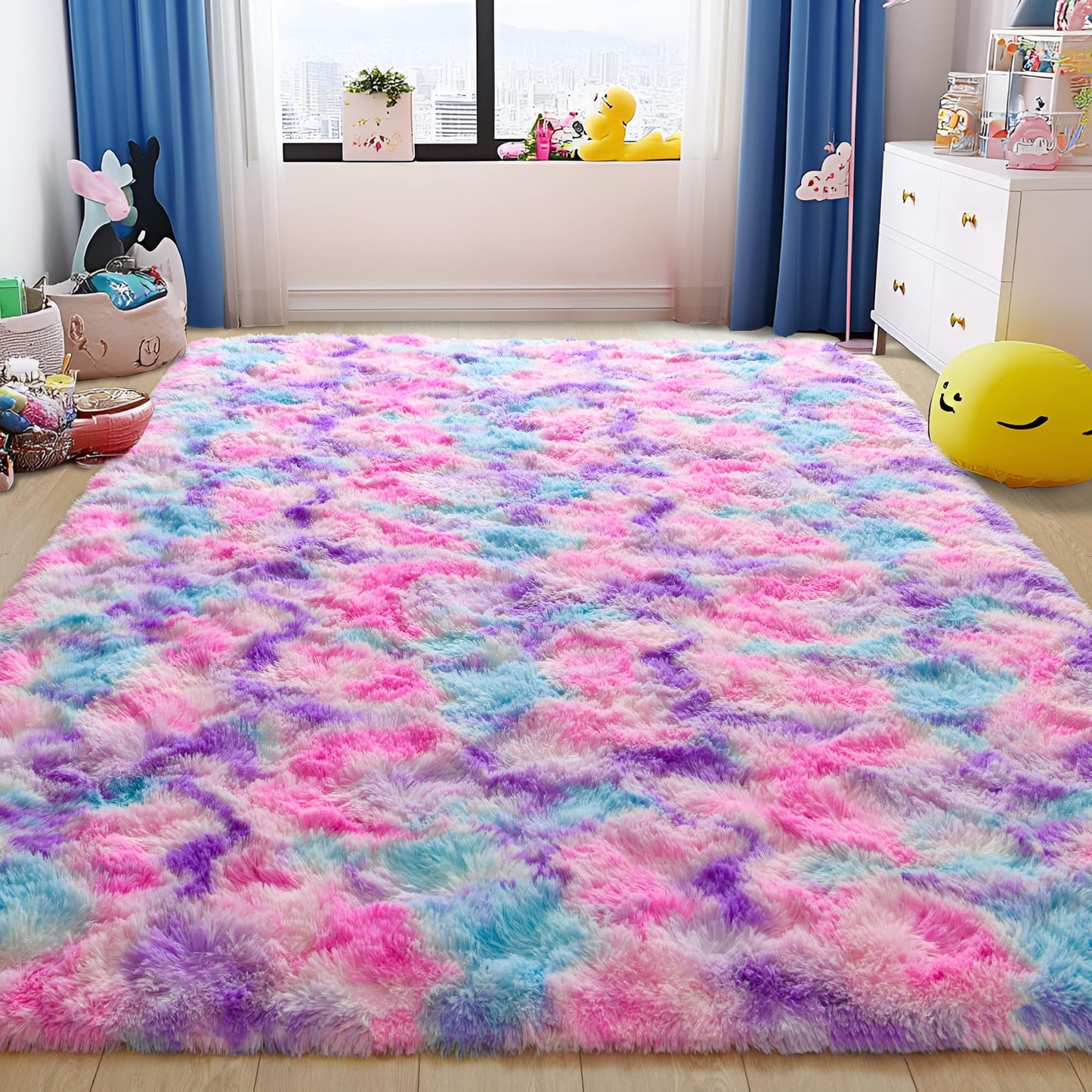 Tepook Soft Rainbow Rug for Girls Room, Cute Fluffy Girls Bedroom Rugs, 4x6 Feet Shaggy Princess Rug Colorful Carpet for Kids Teens Toddler Playroom Nursery Reading Nook, Hot Pink