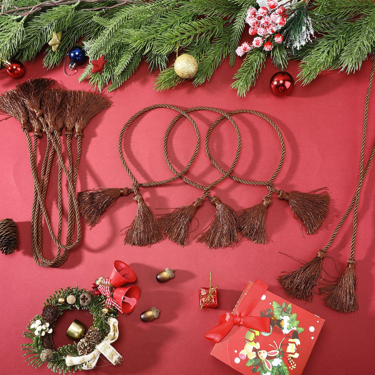 Zhengmy 15 Pcs 24 Inch Christmas Garland Ties with Tassels Decorative Twist Tie for Banister Reusable Flexible Twist Tie for Garland Fireplace Staircase Banister Home Xmas Holiday Decorations (Brown)