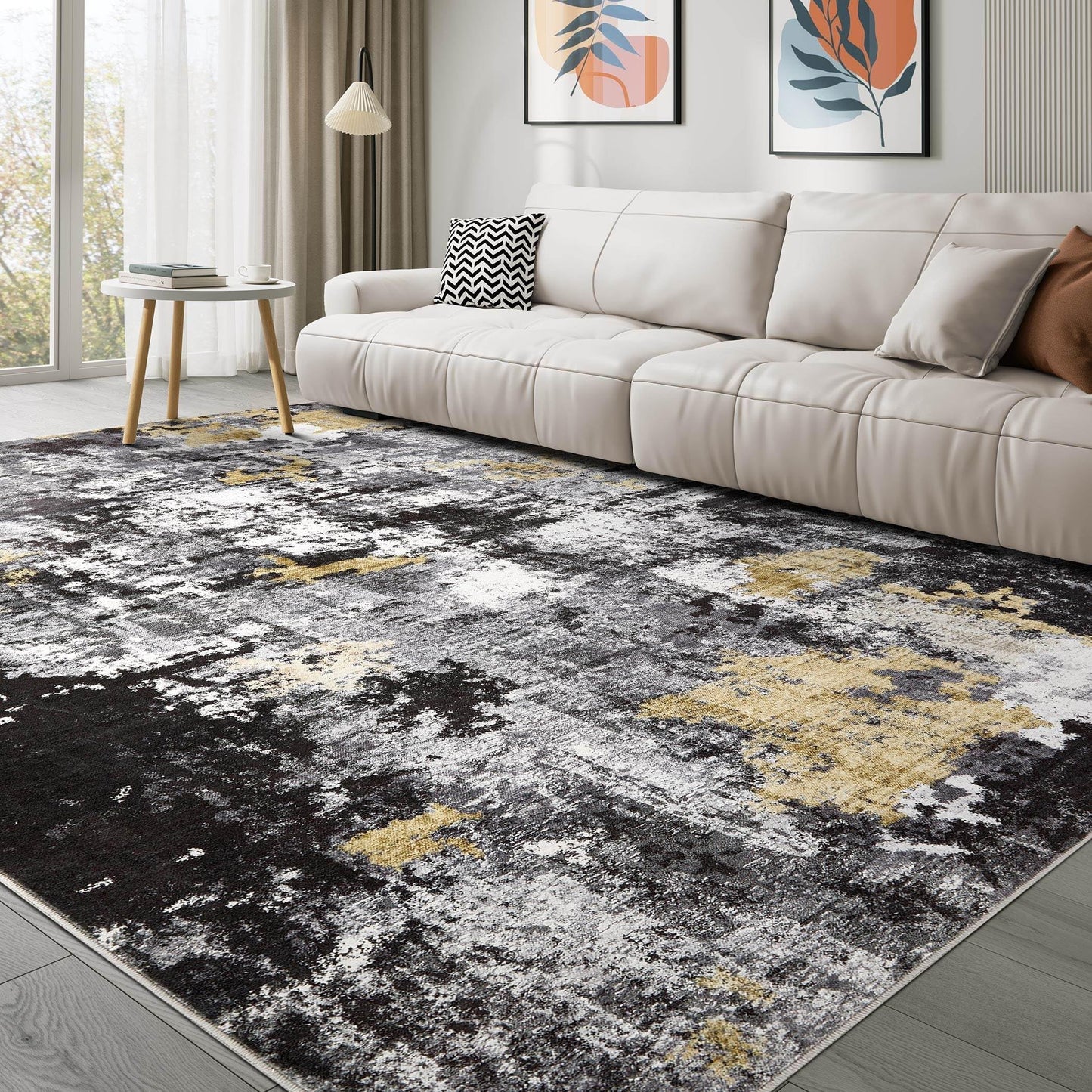 TARANCH Abstract 10x14 Area Rug: Machine Washable Non Slip Ultra Thin Low-Pile Carpet, Soft Stain Resistant for Living Dining Room Bedroom, Kid Pet Friendly, Robot Vacuum Compatible - Black Gold
