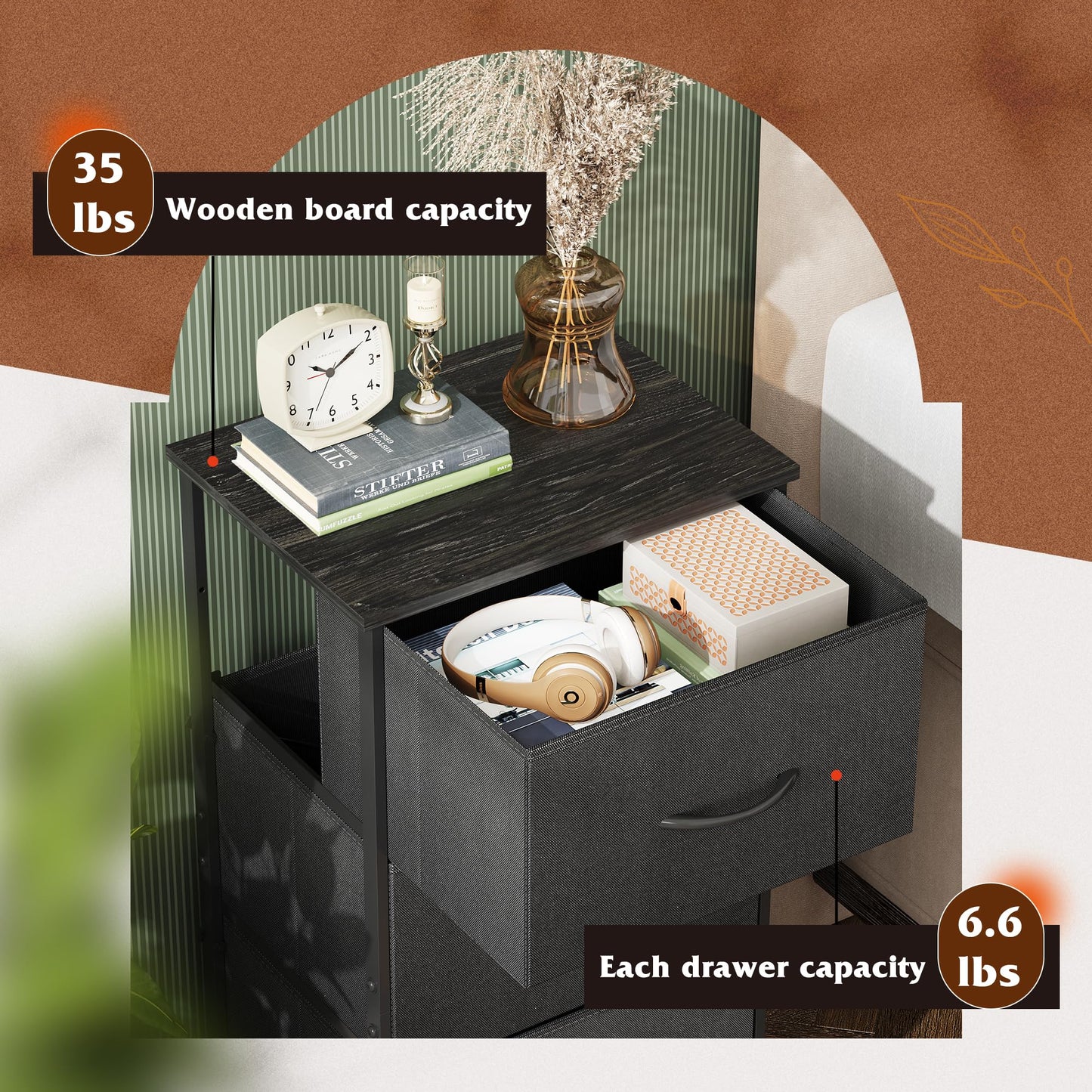 WLIVE Dresser with 3 Drawers, Fabric Nightstand, Organizer Unit, Storage Dresser for Bedroom, Hallway, Entryway, Closets, Sturdy Steel Frame, Wood Top, Easy Pull Handle, Charcoal Black