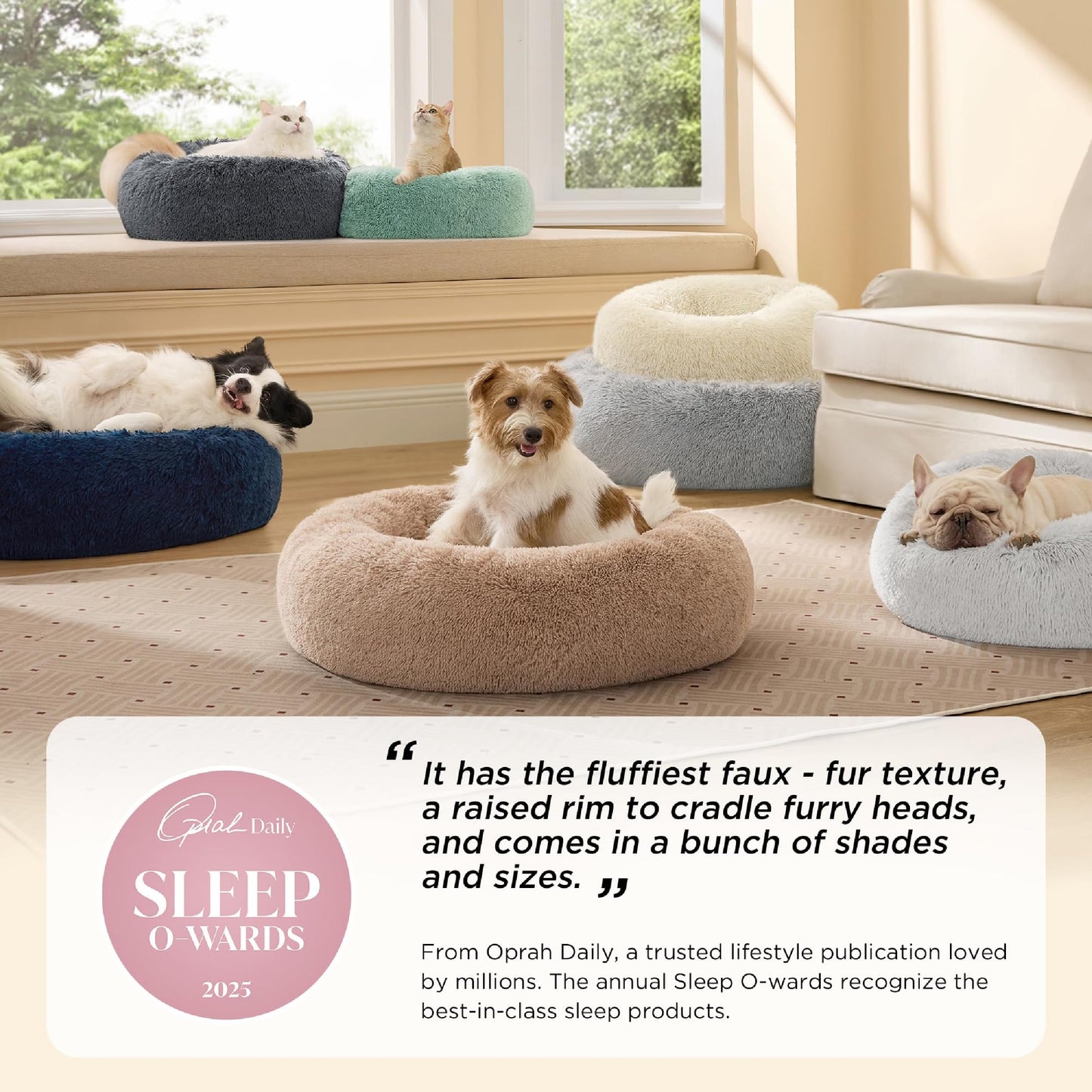Bedsure Calming Cat Beds for Indoor Cats - Small Cat Bed Washable 20 inches, Anti-Slip Round Fluffy Plush Faux Fur Pet Bed, Fits up to 15 lbs Pets, Camel