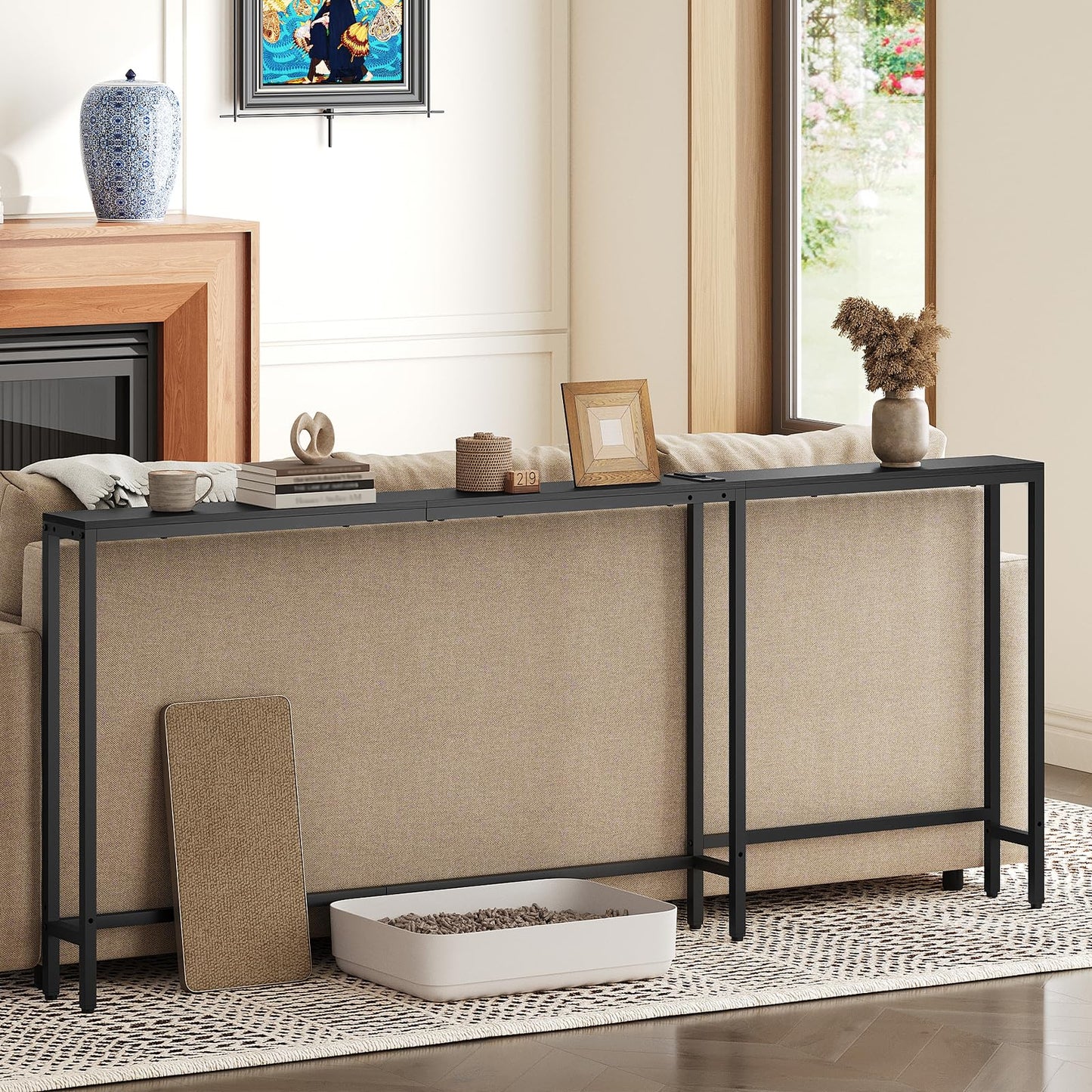 YATINEY Narrow Console Table with Outlets, 70.9" Sofa Table Narrow Long, L Shaped Behind Couch Entryway Table with Charging Station, for Living Room, Hallway, 3 Assembly Options, Black CT07UBB