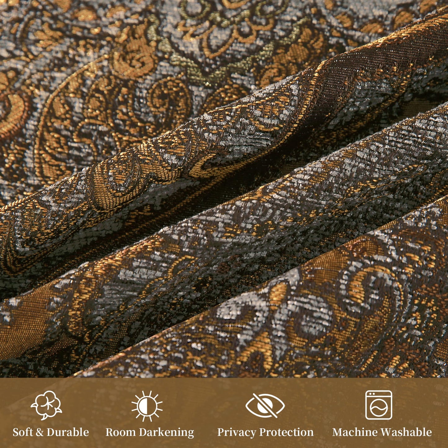Loom and Mill Luxury Jacquard Curtains for Bedroom, Classic Antique Lined Damask Curtains 2 Panels with Tiebacks, Bronze Gold Window Curtain for Living Room Holiday Banquet Decor(52Wx84L, 2 Panels)