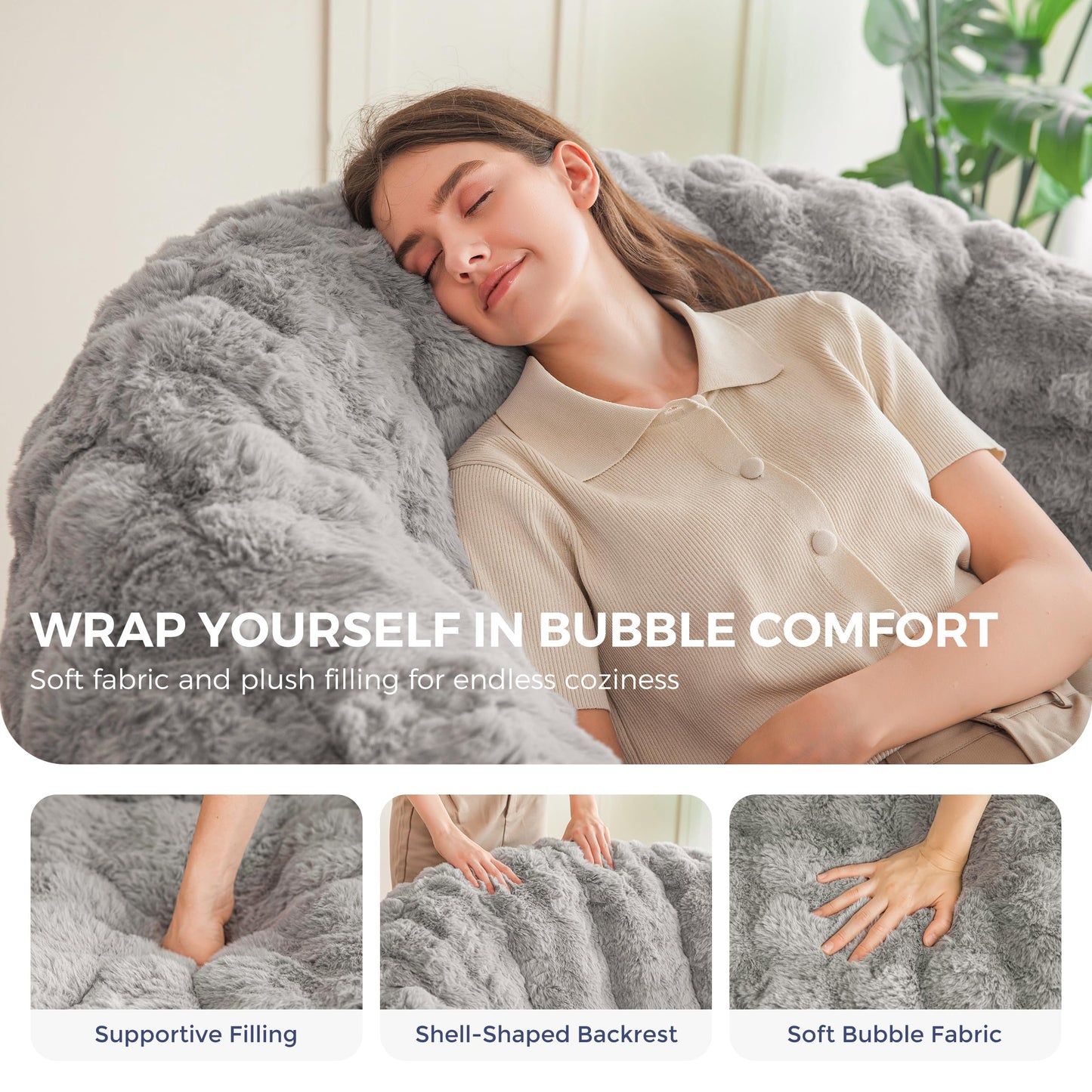 MAXYOYO Giant Bean Bag Chair for Adults, Stuffed Shell-Shaped Large Bean Bag Couch, Cozy Living Room Chair with Filler, Floor Sofa Lazy Sofa for Bedroom Living Room, Grey