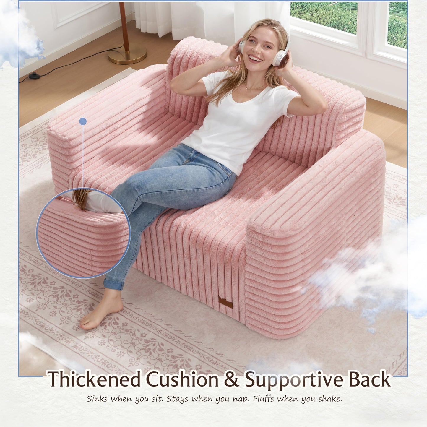 ZurNesfure Sofa Couch Cloud Loveseat, Memory Foam Couch with Pillow No Assembly Need, Modern Couch with deep seat and Washable Cover Boneless Sofas for Living Room Bedroom Apartment (Pink,Loveseat)