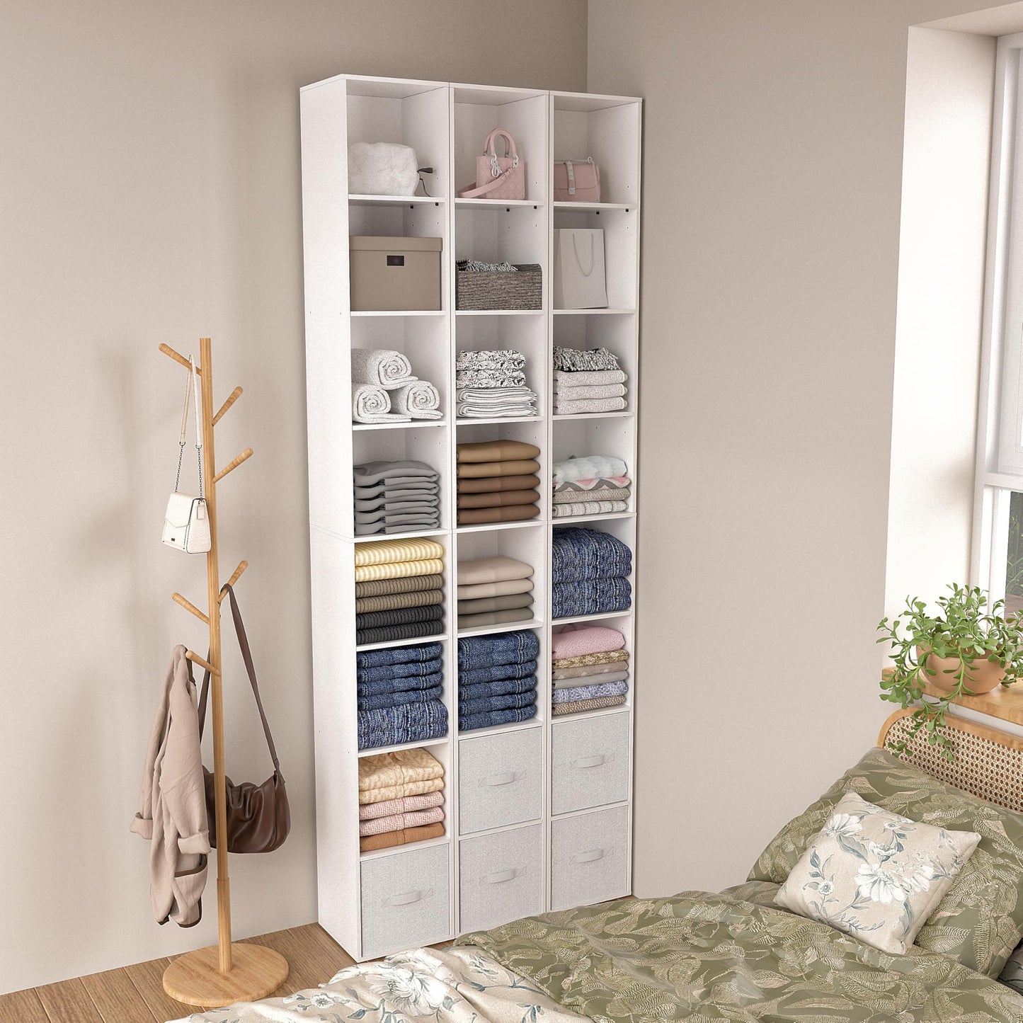 NewBeth 8-Cube Storage Organizer Bookcase, White, Tall Narrow Bookshelf for Home Office (White)