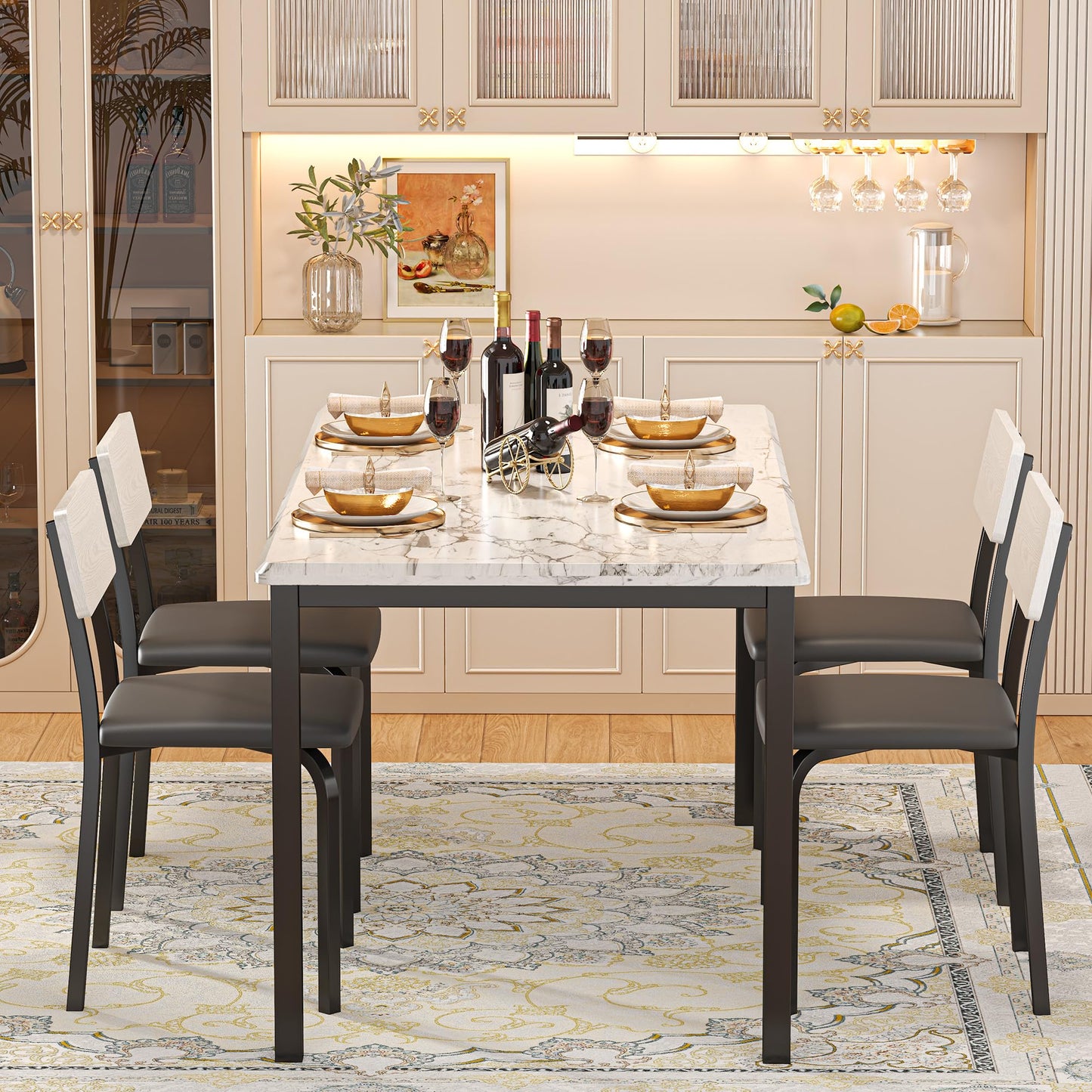 IRONCK 5-Piece 63" Extendable Dining Table with 4 Upholstered Chairs, Kitchen Table Set for 4-8 People, Dining Room Sets with MDF Wood Board, Drop Leaf Table Design for Space Saving, Marple White