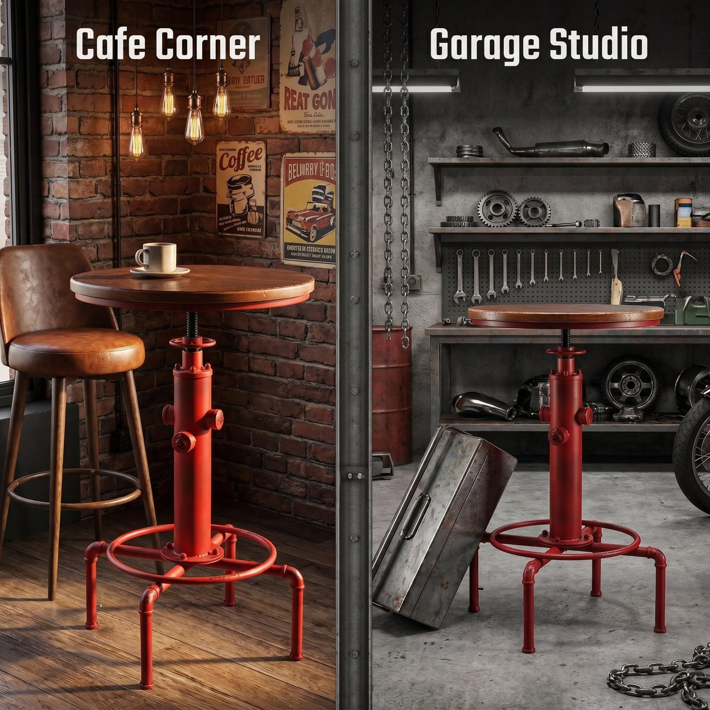Topower Industrial Bar Table 32.3-38.2" Adjustable Pub Table Kitchen Dining Coffee Bistro Table (Red)
