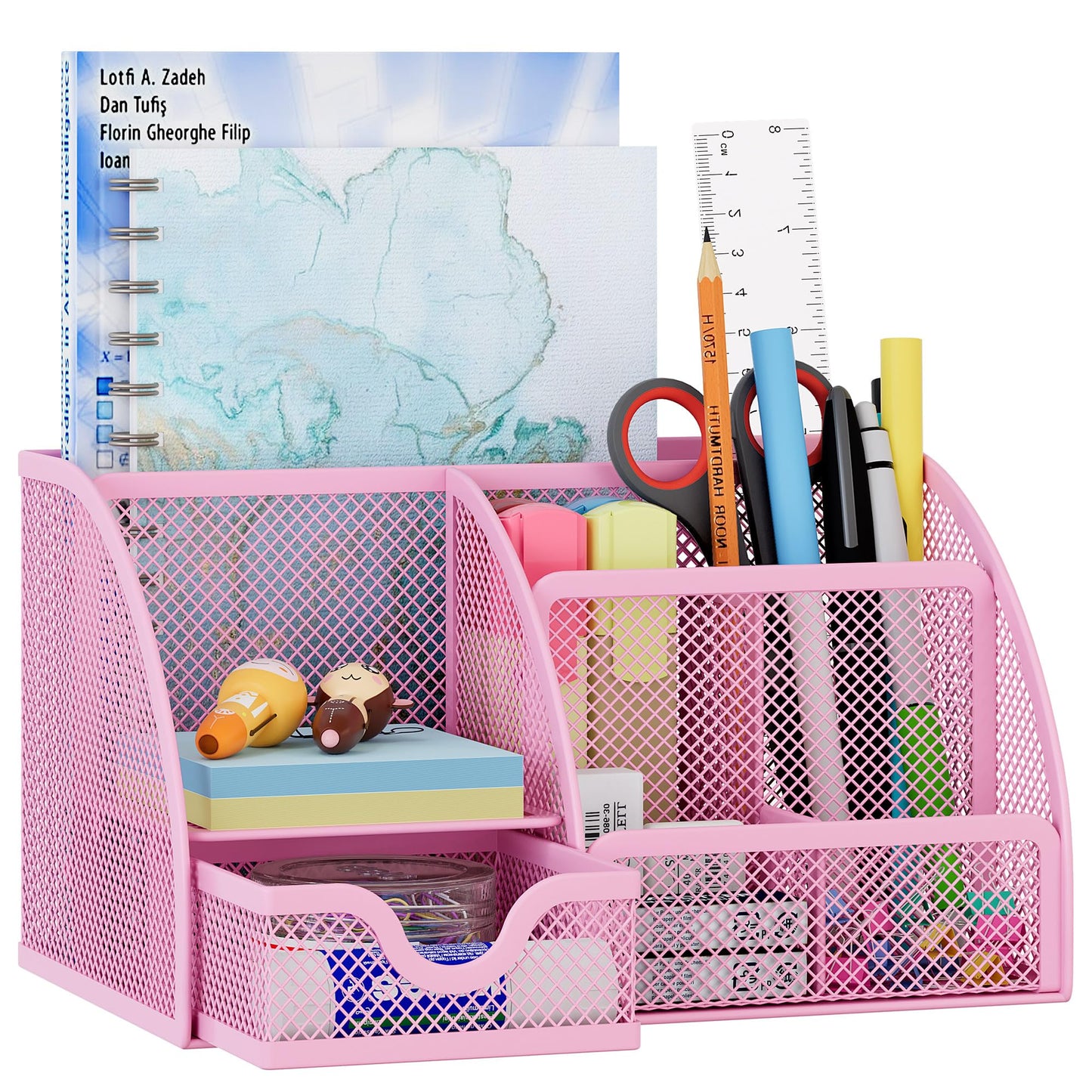 EasyPAG Mesh Desk Organizer with Drawer Multi-functional Pen Holder Stationery Organizer for Office School Supplies 6 Compartments Dorm Organizers and Storage for Desk, Light Pink