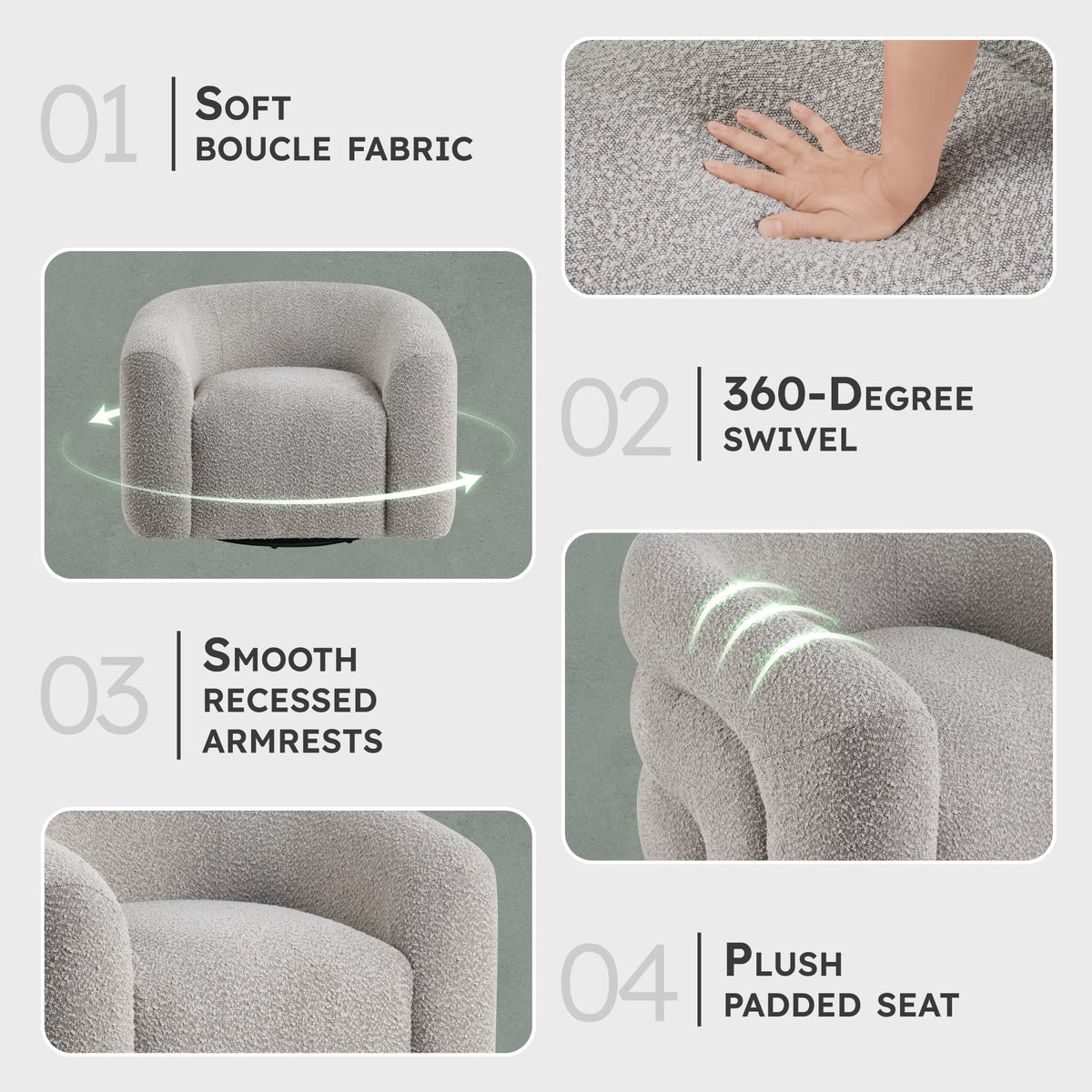 Lexicon Modern Swivel Accent Chair, Cozy Boucle Arm Chair with Plush Curved Back, Soft Stitching Cushions for Living Room/Bedroom/Office, Fully Assembled, Gray