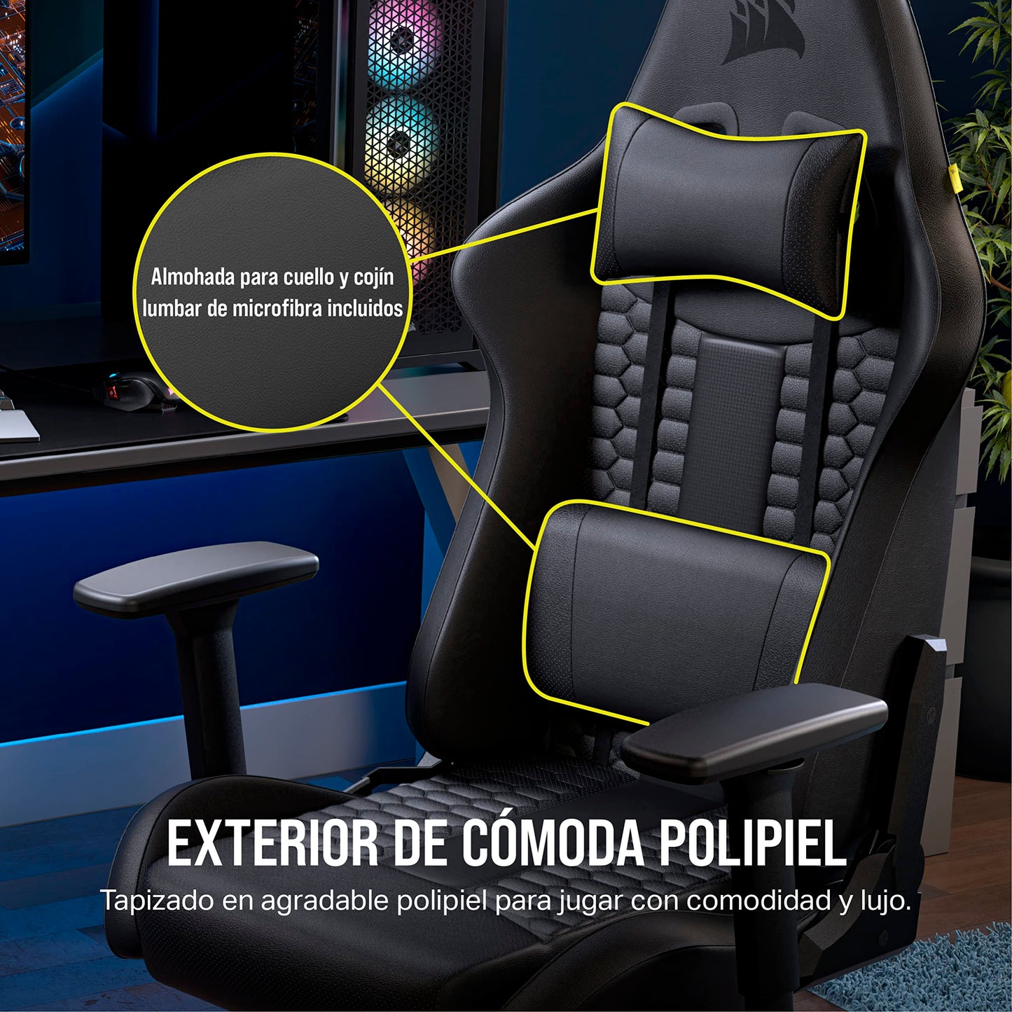 Corsair TC100 Relaxed Gaming Chair - Leatherette - Racing-Inspired Design - Lumbar Pillow - Detachable Memory Foam Neck Pillow - Adjustable Seat Height - Adjustable Armrests - Black