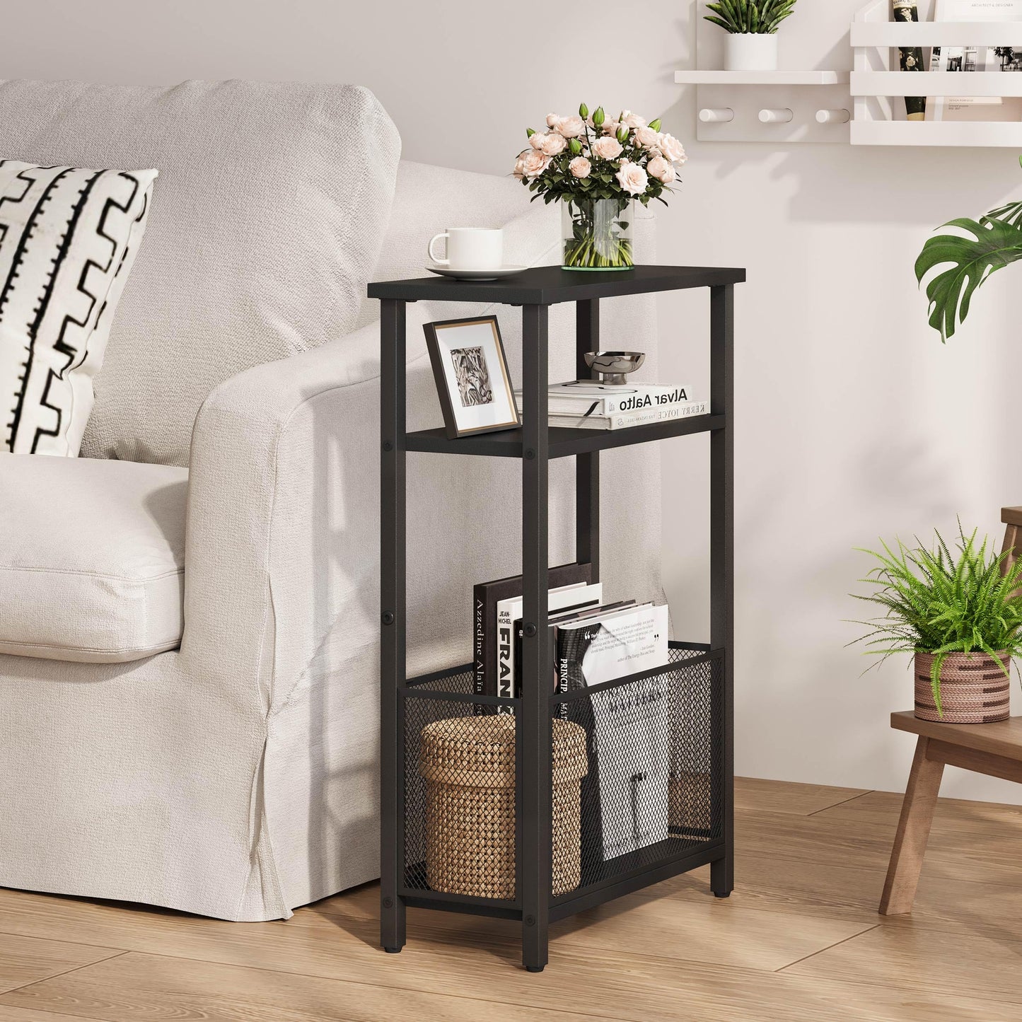 MMEOLUOOK Narrow Side Table with Storage Basket Skinny End Tables for Smalls Spaces 3 Tier Sofa Table Small Nightstand Slim Bedside Table for Living Room Bedroom Black MLBZ22B