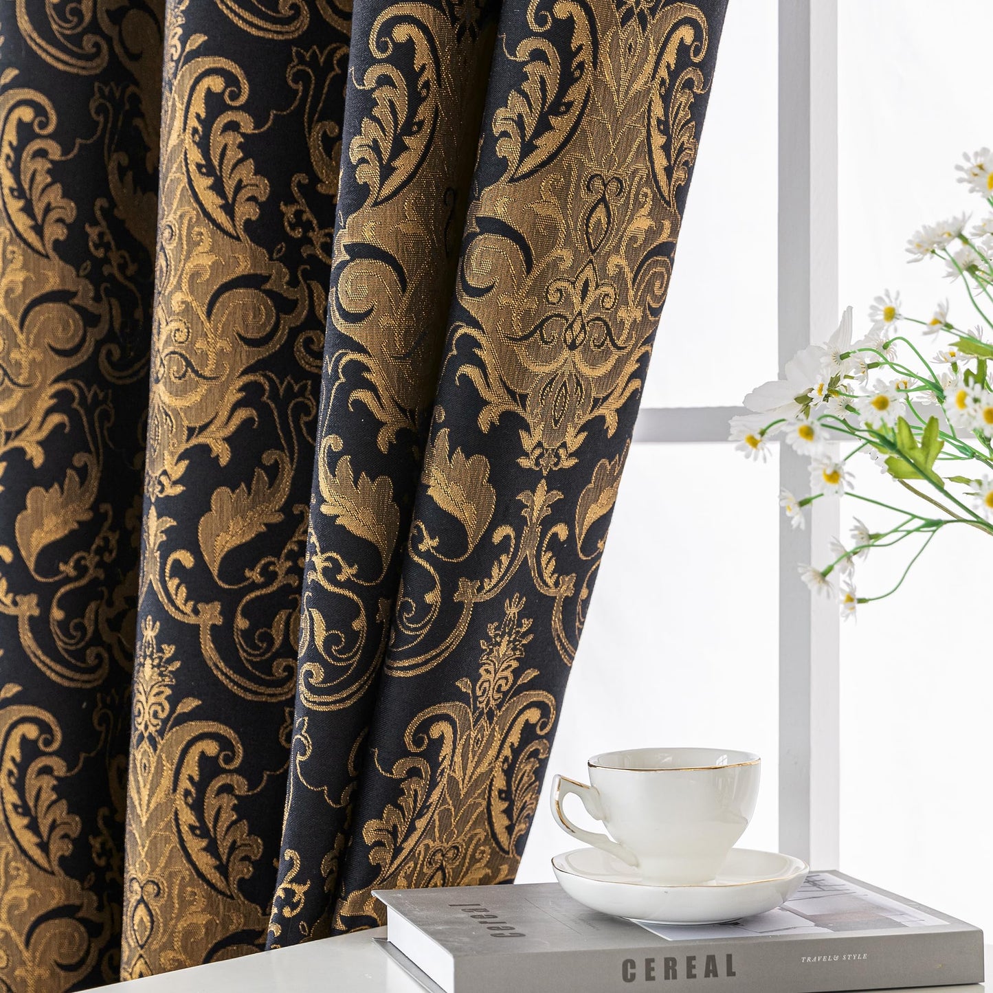 Loom and Mill Luxury Black Damask Curtains for Bedroom, Textured Lined Jacquard Curtains 2 Panels with Tiebacks, Window Curtain for Living Room Banquet Halloween Decor, Rod Pocket(52”x 84”, 2 Panels)
