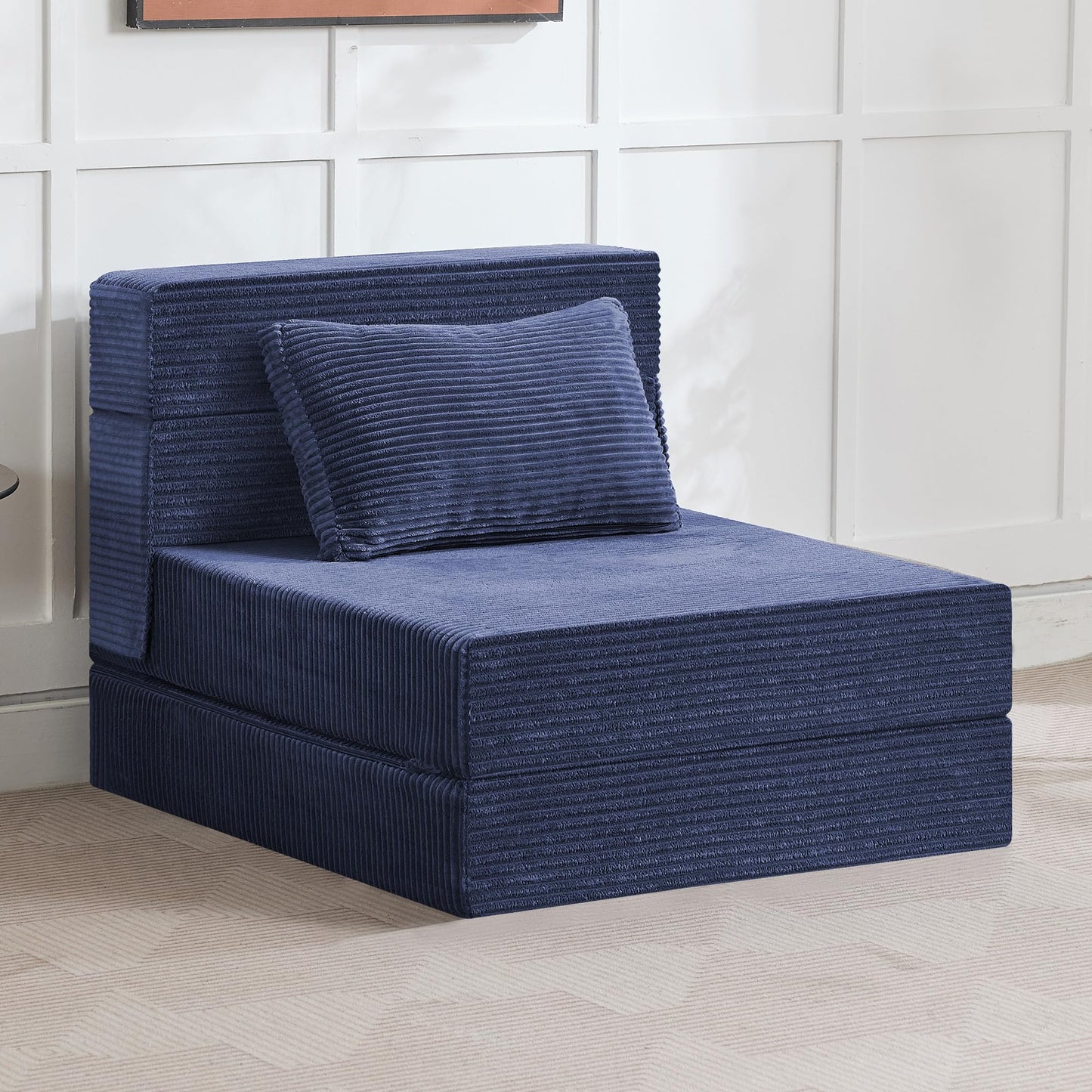 WUTUTUEE Folding Sofa Bed Convertible Floor Couch Foldable Chair Bed with Pillow，Linen Sleeper Chair Futon,Foldable Memory Foam Mattress for Bedroom/Living Room/Dorm/Office (Corduroy Navy, Single)