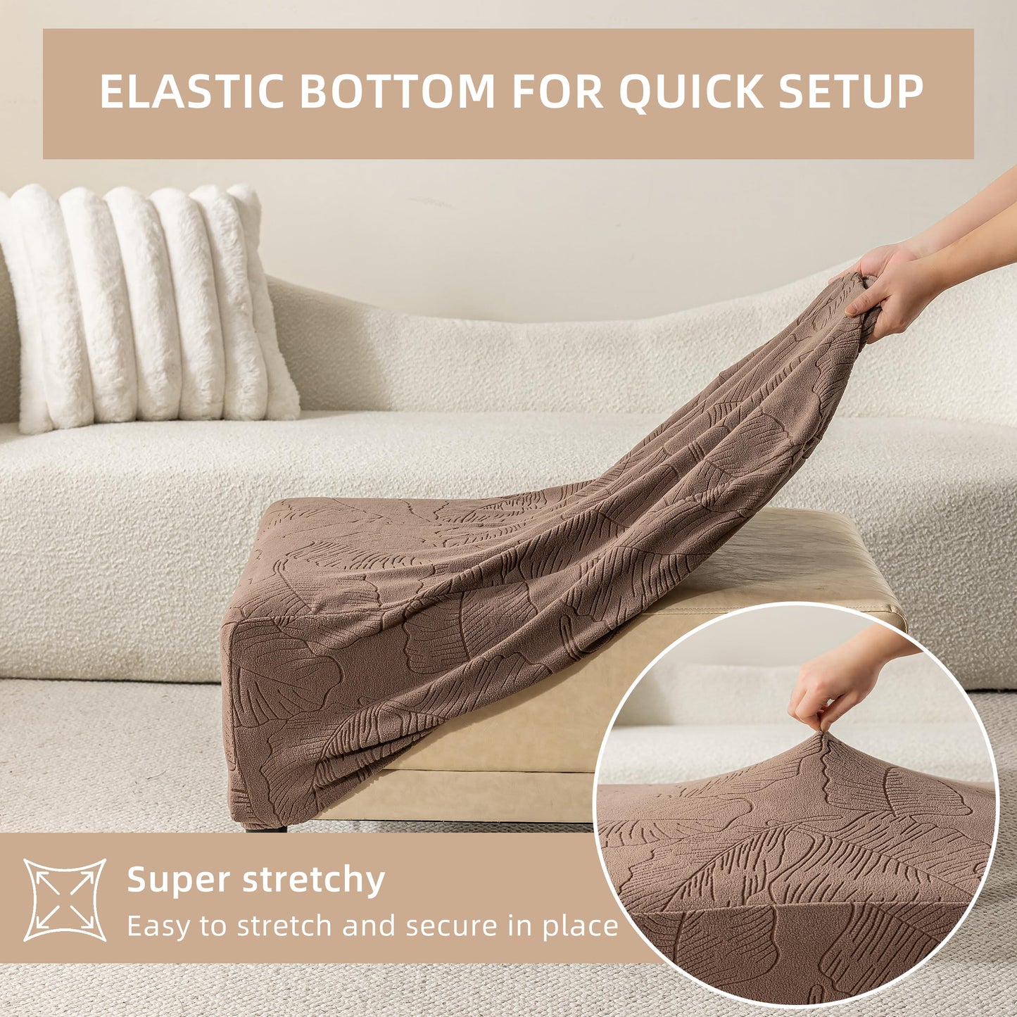 KaviKon Ottoman Cover Square/Rectangle Fit Length 35"-45" Stretch Foot Stool Slip Cover, Footrest Slipcovers Protector with Elastic, Ottoman Cover Removable Washable((Medium-XL,Leaf Coffee)