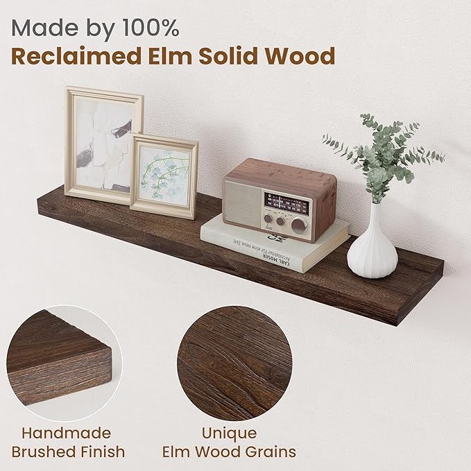 Floating Shelves for Wall Decor, 8 Inch Deep Rustic Solid Elm Wood Floating