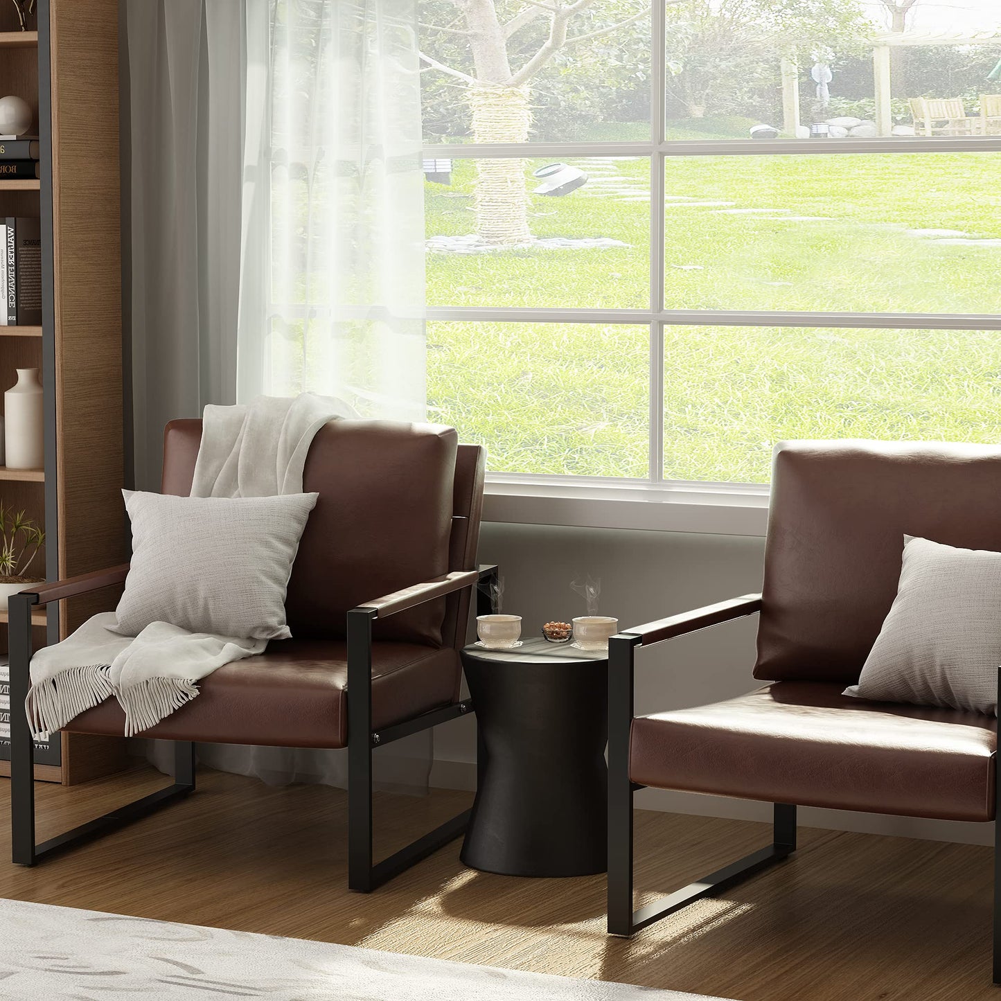 AWQM Modern PU Leather Accent Chair Arm Chair with Extra-Thick Padded Backrest and Seat Cushion Sofa Chairs for Living Room Bedroom, 105 Degree Slant Back, Non-Slip Adsorption Feet-Brown（Set of 1）