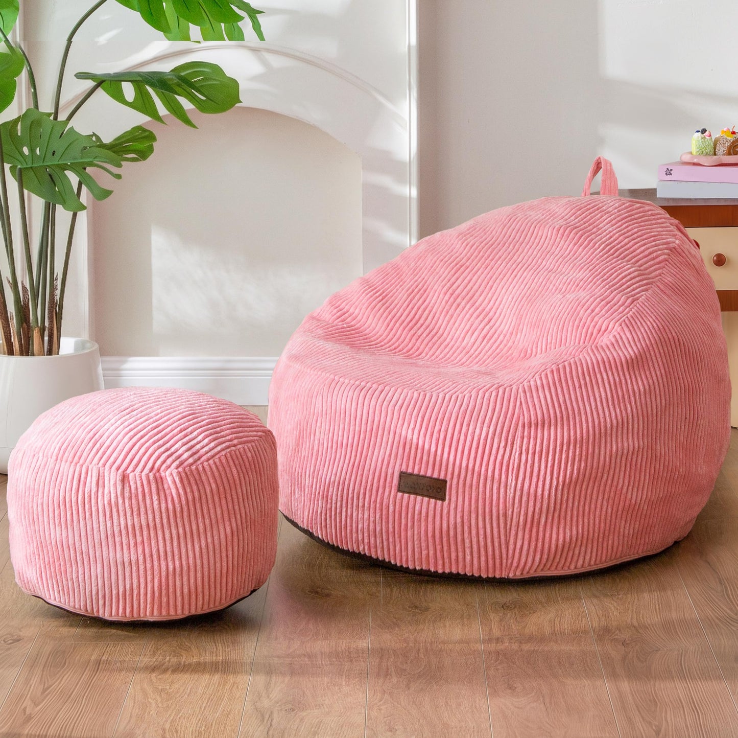 MAXYOYO Kids Bean Bag Chair with Ottoman, Soft Plush Bean Bag Sofa with Removable Cover for Boys and Girls, Convenient Floor Seat with Handle, Comfy Toddler Lounge Chair for Playroom, Bedroom, Pink