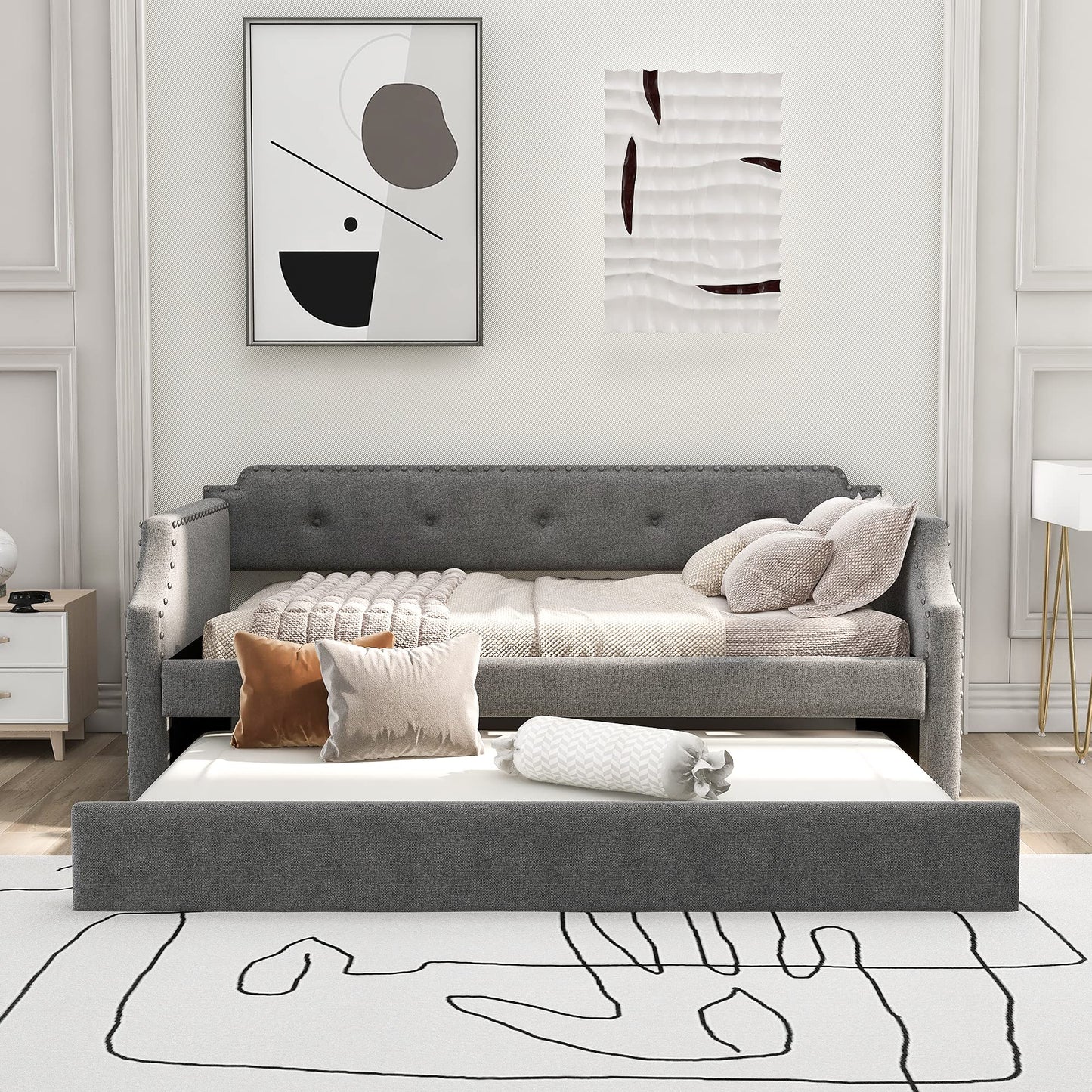 Twin Size Daybed with Trundle, Upholstered daybed with Button Tufted and Nailtrim on Arms, Sofa Bed Frame with Wood Slat Support, No Box Spring, for Living Room, Bedroom, Guest Room, Gray.