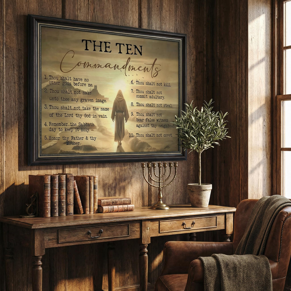 Dark Brown Framed The Ten Commandments Canvas Wall Art Jesus Christ Wall Decor Picture Christian Inspirational Quotes Poster Print Painting for Church Living Room Bedroom Home Decoration