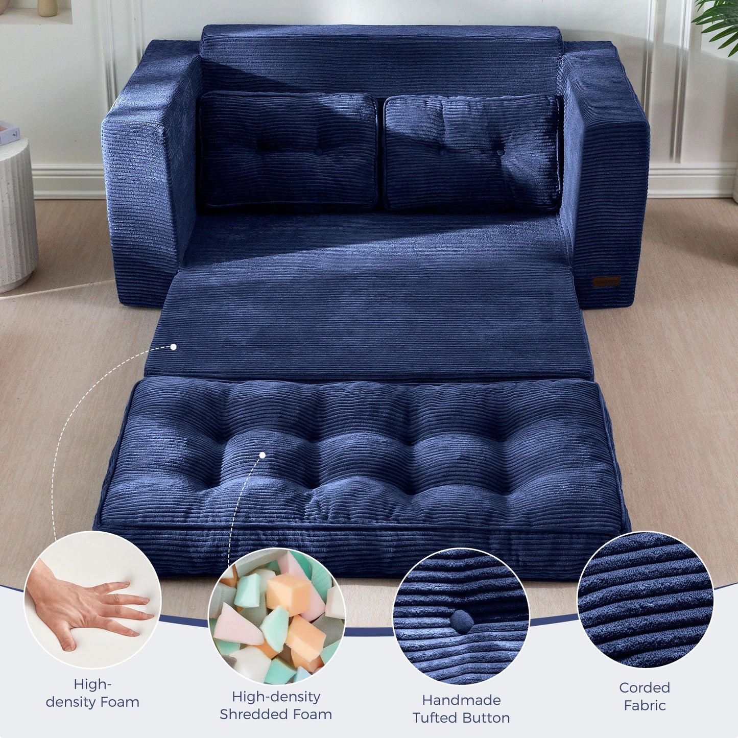 MAXYOYO Convertible Sofa Bed, Pull Out Loveseat Sofa Couch, 2 in 1 Folding Couch Bed, Fold Out Floor Couch with Pillows for Living Room Lounge, Navy