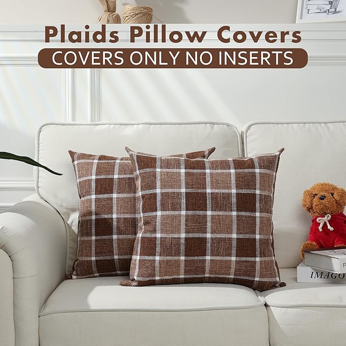 Stellhome Pack of 2 Fall Linen Buffalo Check Throw Pillow Covers, Farmhouse
