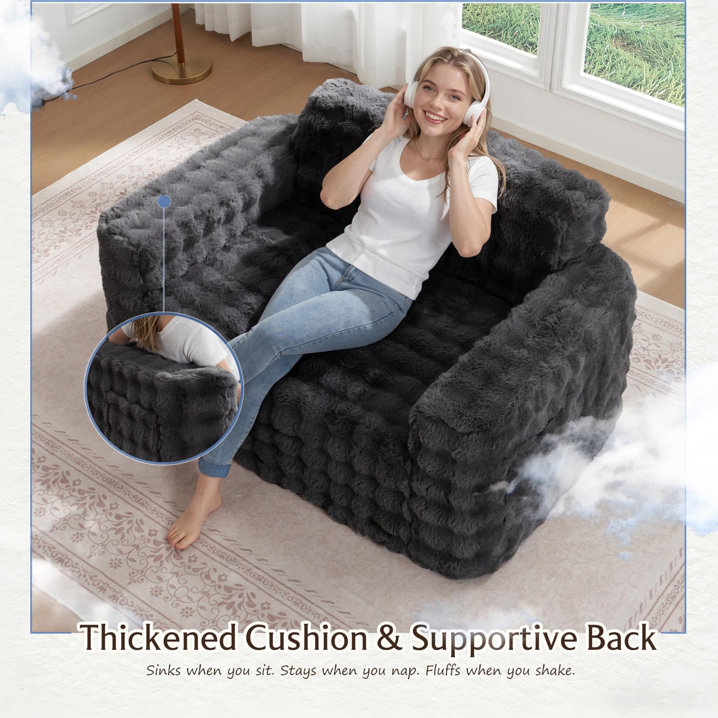 ZurNesfure Sofa Couch Loveseat, Memory Foam Couch with Pillow, Modern Cloud Couch with deep seat and Removable Washable Cover Boneless Sofas for Living Room Bedroom Apartment (Darkgrey,Loveseat)