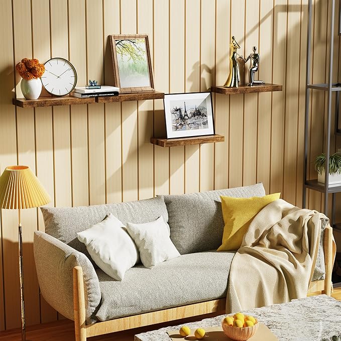 Bellsal Floating Shelves for Wall, Rustic Brown Wood Wall Shelf Set of 4
