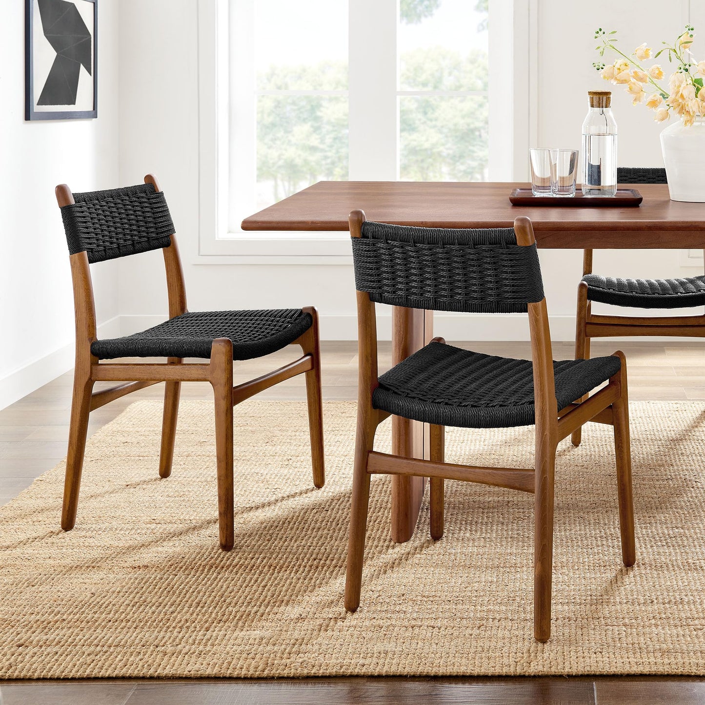 Modway Wynn Wood and Rope Dining Side Chairs Set of 2 in Walnut Black - Armless Kitchen Table Chairs - Modern Mid-Century Accent Chairs for Living Room, Reception Area, Office
