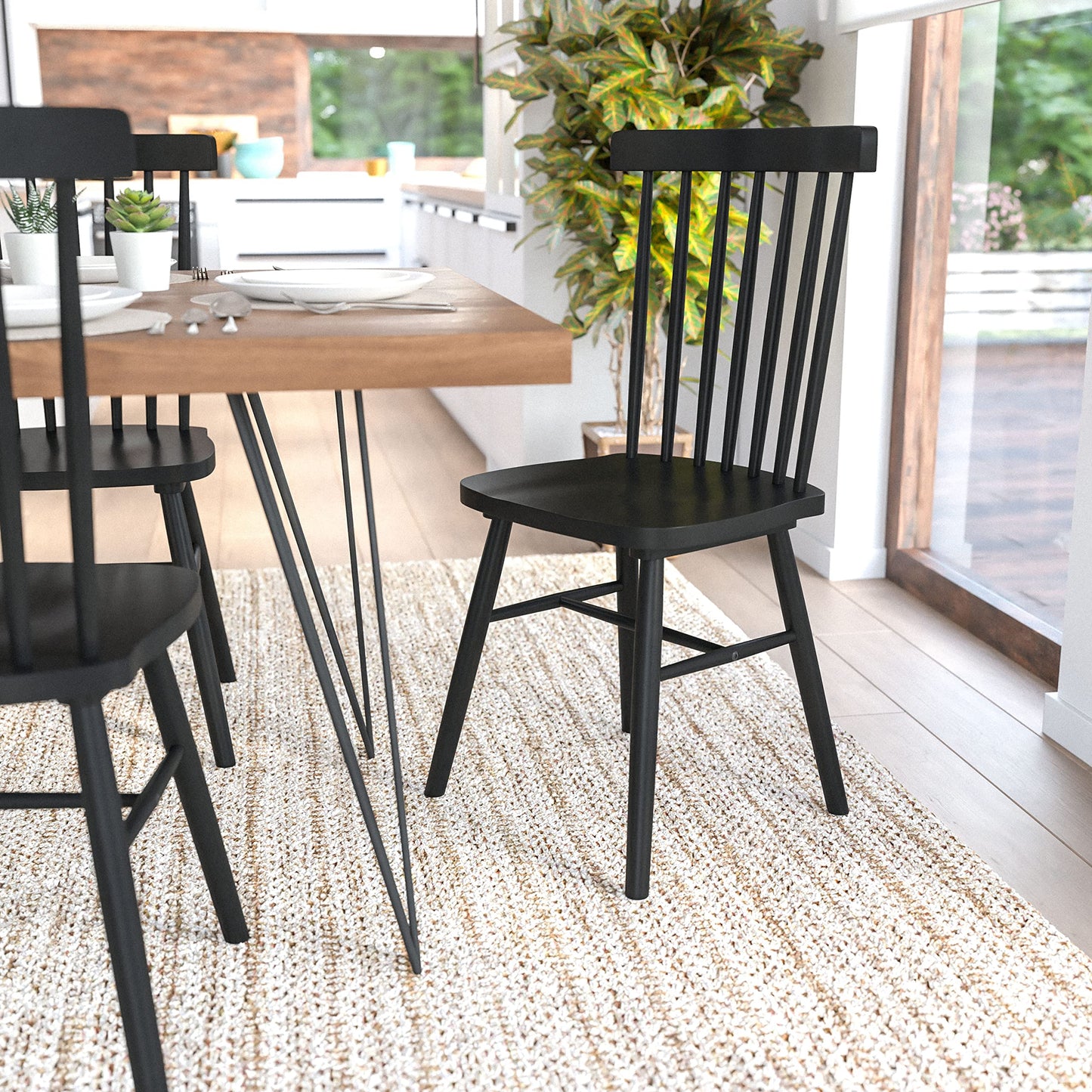 Flash Furniture Ingrid Commercial Windsor Solid Wood Dining Room Chairs, Modern Armless Dining Chairs for Kitchens and Restaurants, Set of 2, Black