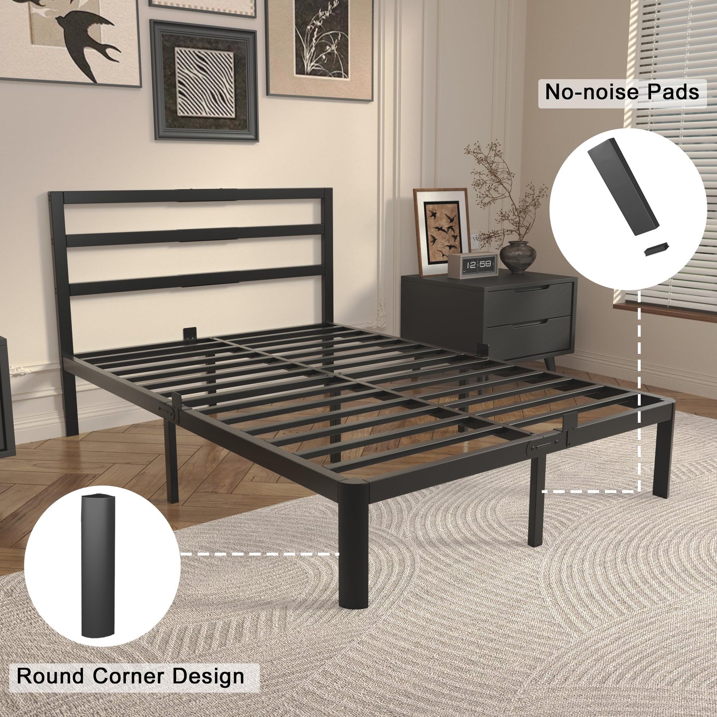 ZKQ 14 Inch Full Bed Frame with Headboard, Black Metal Full Size Bed Frame, No Box Spring Need, Anti-Slip Gaskets, Noise-Free, Heavy Duty Steel Platform Support, Easy Assembly