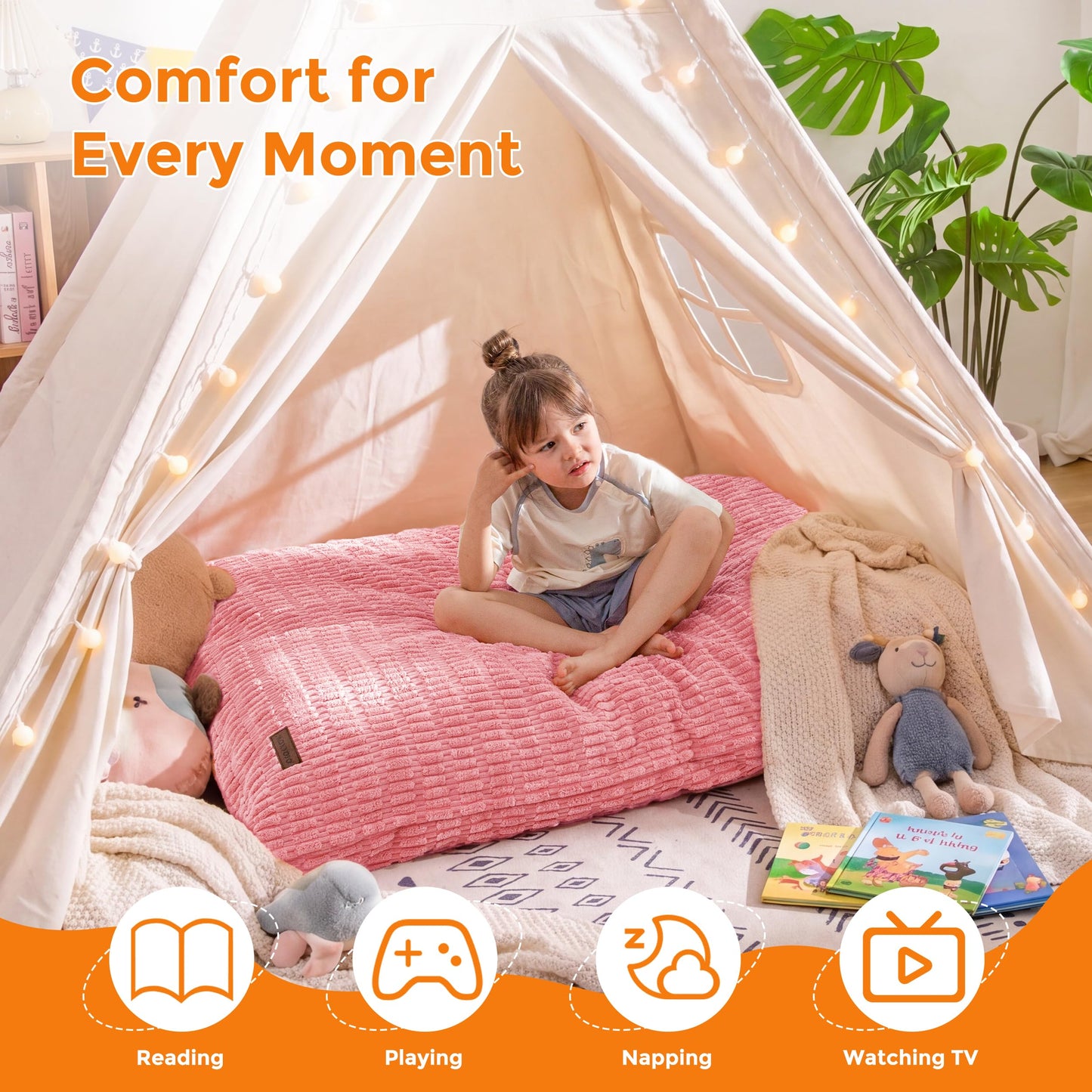 MAXYOYO Kids Bean Bag Chair, 3 in 1 Convertible Bean Bag Sofa with Removable Cover for Children, Soft Floor Lounger with Supportive Shredded Foam Filling, Floor Cushion Chair for Living Room, Playroom