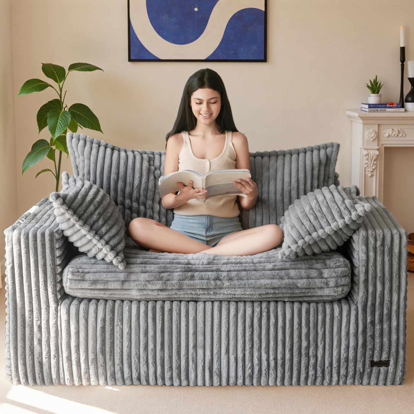 MAXYOYO 59" Bean Bag Sofa Couch, Loveseat Boneless Couch in a Box, Upholstered Small Mini Sofa with Deep Seating for Living Room Bedroom Office Apartment, No Assembly, Dark Grey