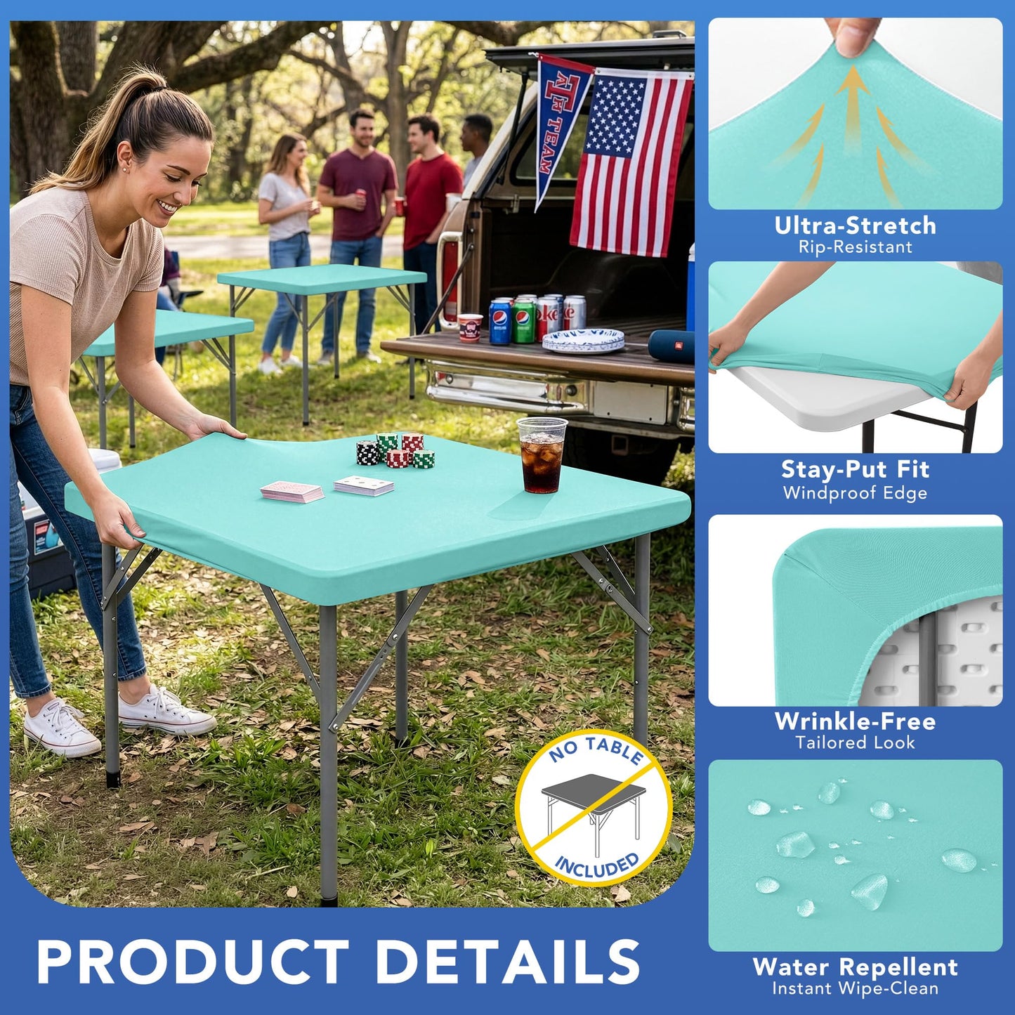 Enjoyidea Square Fitted Tablecloth 34x34 Inch-2 Pack Aqua Blue Card Elastic Spandex Table Cover-Small Stretch Folding Table Cloths Topper Cap for Kitchen Dining Picnic Patio Outdoor Party Tables