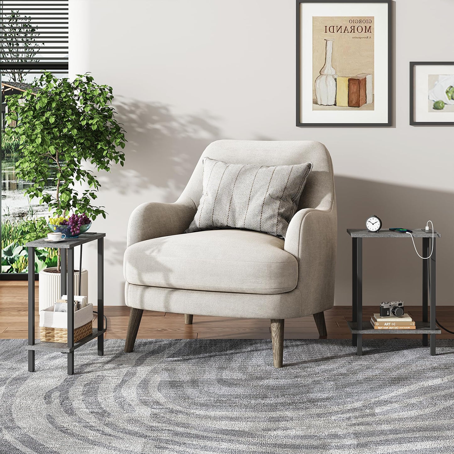 TUTOTAK Small End Table with Charging Station, Narrow Side Table with USB Ports and Outlets, Skinny Sofa Table, Slim Nightstand, Living Room, Bed Room, Charcoal Grey TB01BY060