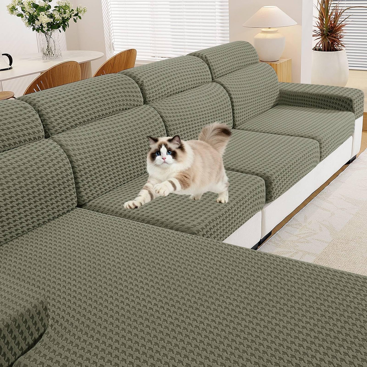 MAXIJIN Couch Cushion Covers for Sectional Sofa, Stretch Sofa Cushion Cover Washable Furniture Protector with Elastic Bottom & Non-Slip Strap for Pets Kids (2PC Armrest Cover, Army Green)