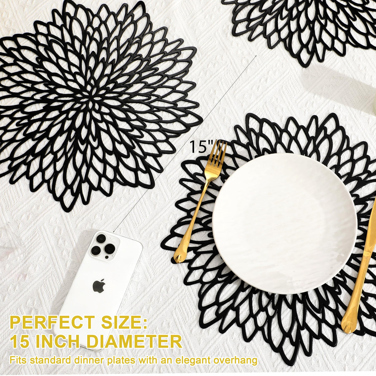 Set of 8 Round Placemats Black, Heat-Resistant PVC Table Mats with Luxury Metallic Glossy Finish for Thanksgiving Christmas Wedding Party Decor, Easy to Clean