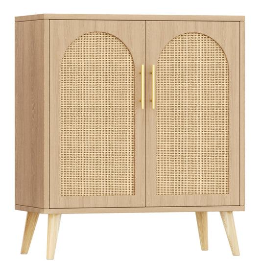 15.7"D Rattan Buffet Sideboard Cabinet with Storage, Modern Accent Cabinet with Adjustable Shelf & Solid Wood Legs, Coffee Bar Cabinet with Doors for Kitchen, Living Room, Entryway, Natural Oak