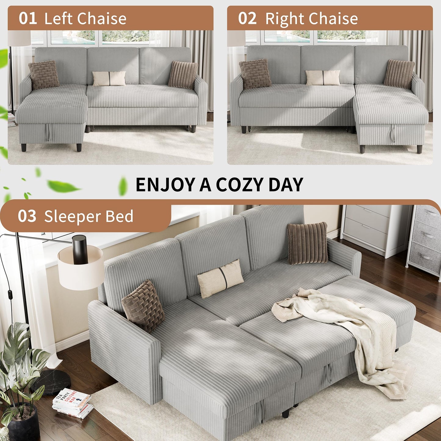 Walsunny 77" Sectional Sleeper Sofa with Pull Out Bed, Modern L-Shaped Corduroy Convertible Couch with Storage Chaise, Reversible Sofa Bed for Small Spaces, Apartment, Office, Light Grey