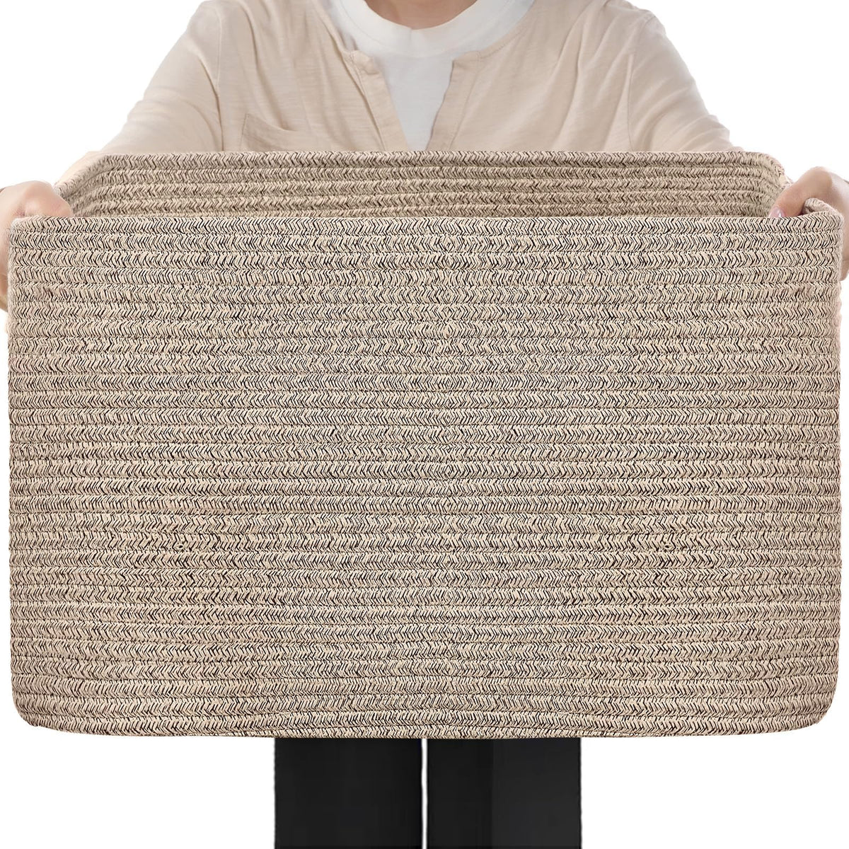 Optish 75L Large Blanket Basket, Woven Rope Storage Basket with Handles for Organizing Clothes and Toys for Bedroom, Bathroom, Nursery, Decorative Storage Bin, 22” x 17” x 11.5”, Brown