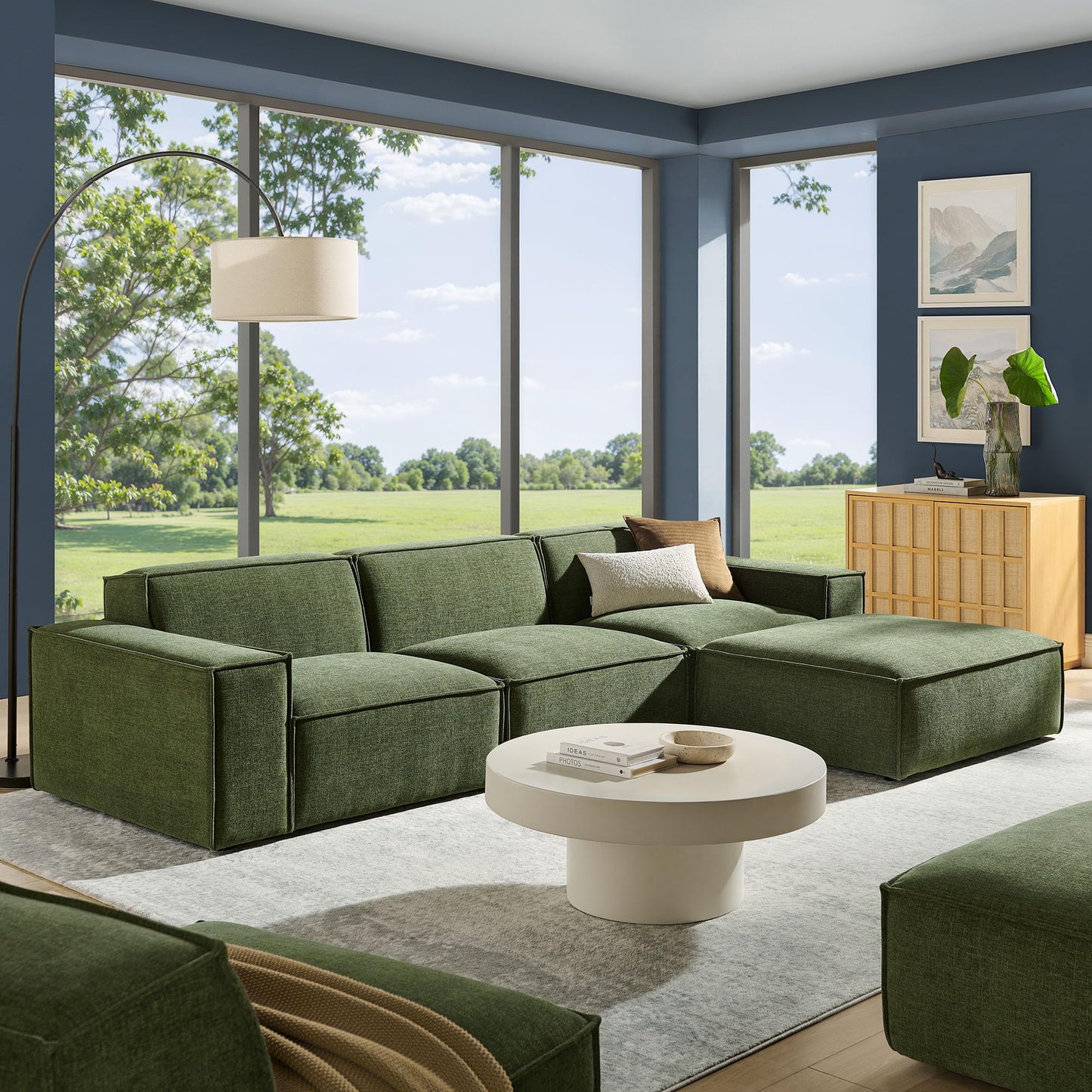 Modway Restore Performance Fabric Upholstered 4-Piece Modular Sofa Set with Ottoman in Foliage - Low Profile Sectional Sofa with Coil Seat Support and French Piping