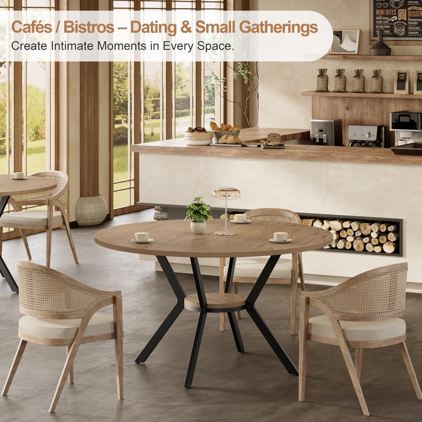 MECHYIN 42" Round Dining Table for 2-4, Farmhouse Kitchen Table with Storage, Space Saving Circle Dinner Table, Rustic Light Wood Kitchen & Dining Room Tables with Metal Legs for Kitchen, Dining Room