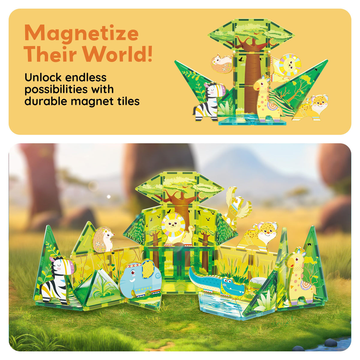 PicassoTiles Magnet Tile Building Block Safari Themed Set with 8 Compatible Magnetized Animal Action Figures Build Blocks Toddler Creativity Toys STEAM Educational Learning Skills Ages 3+ PTQ12