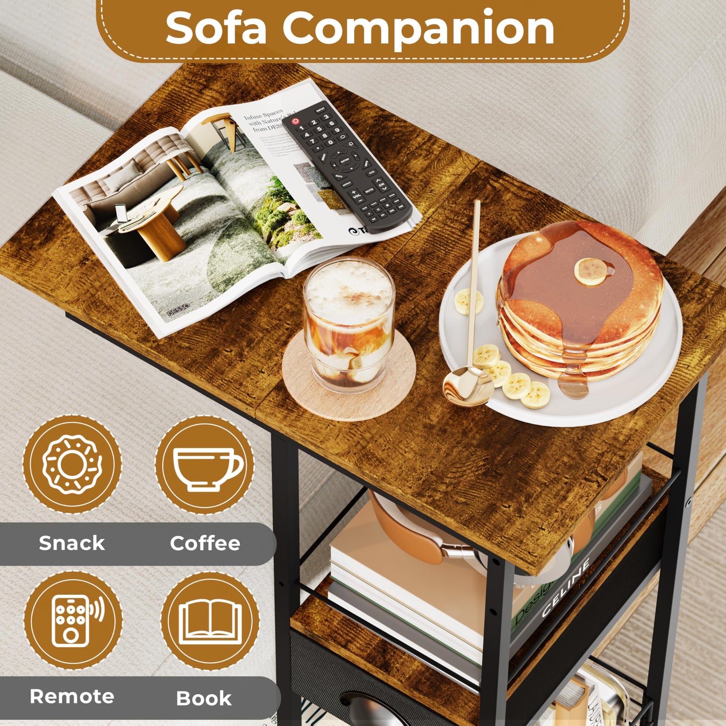 C Shaped Sofa Side Table with Wheels, Rolling Small Coffee Table with Drawer, Portable TV Tray Table for Couch, Bedside Table with Storage, Narrow Nightstand for Bedroom, End Tables Living Room