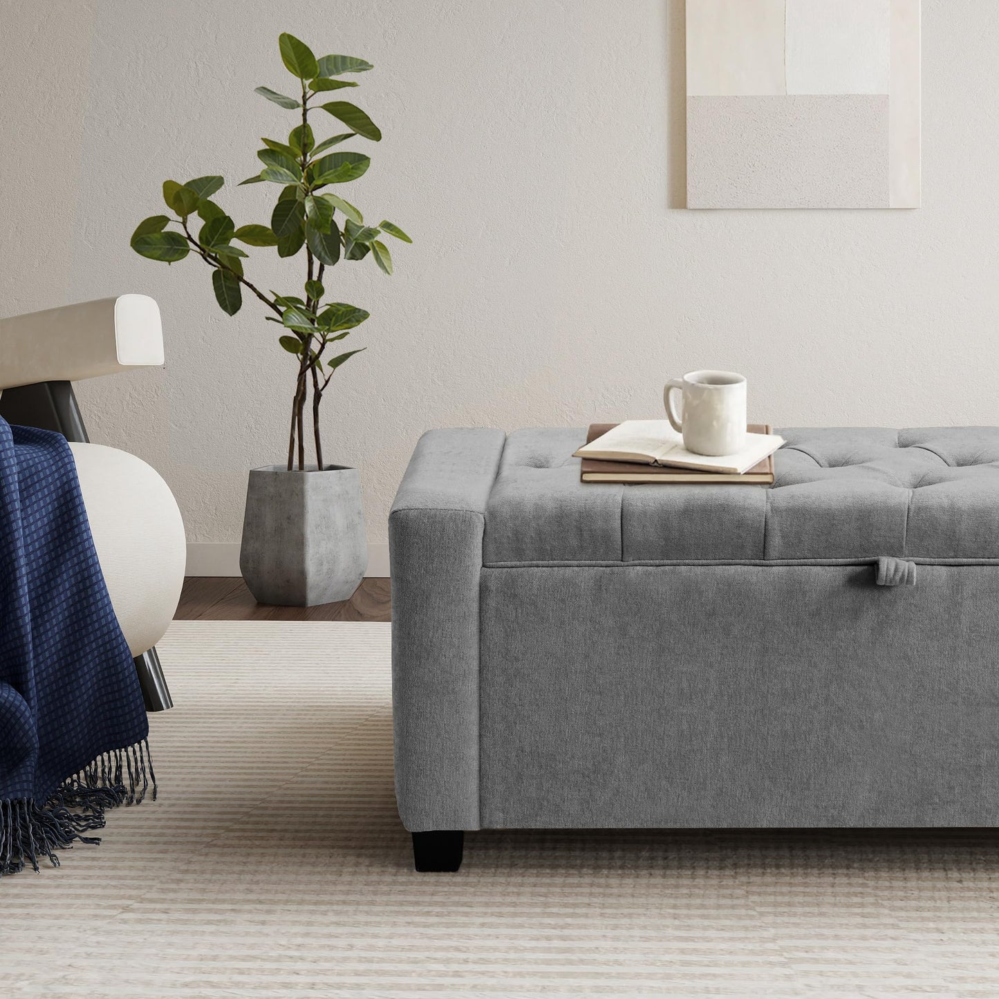 GRAINELL 42.13” Storage Ottoman Bench, Upholstered Tufted Bedroom Bench with Storage, End of Bed Storage Bench for Living Room & Entryway, 350 lb Capacity, Linen Light Gray
