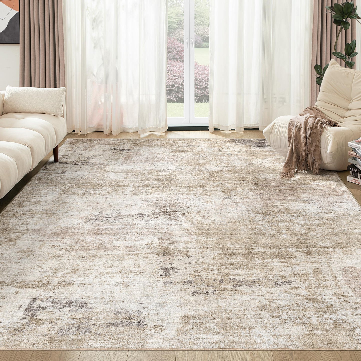 TARANCH Abstract 10x14 Area Rug: Machine Washable Non Slip Ultra Thin Low-Pile Carpet, Soft Stain Resistant for Living Dining Room Bedroom, Kid Pet Friendly, Robot Vacuum Compatible - Brown