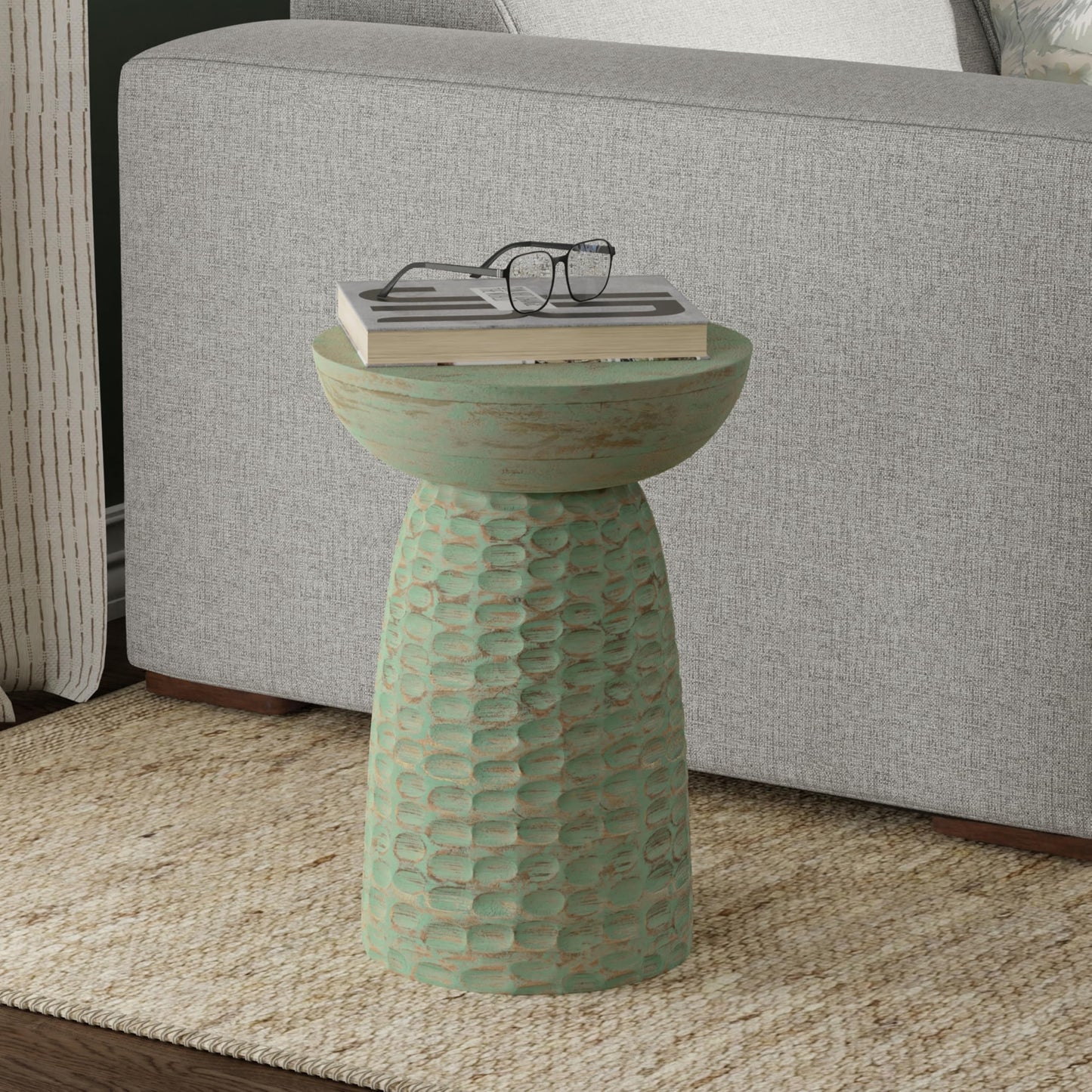 SIMPLIHOME Boyd End Table - 13" Wide x 18" High Solid Mango Wood Round Accent Table in Green Wash, Handcrafted Contemporary Nightstand or Lamp Stand for Living Room, Bedroom, or Office, Assembled